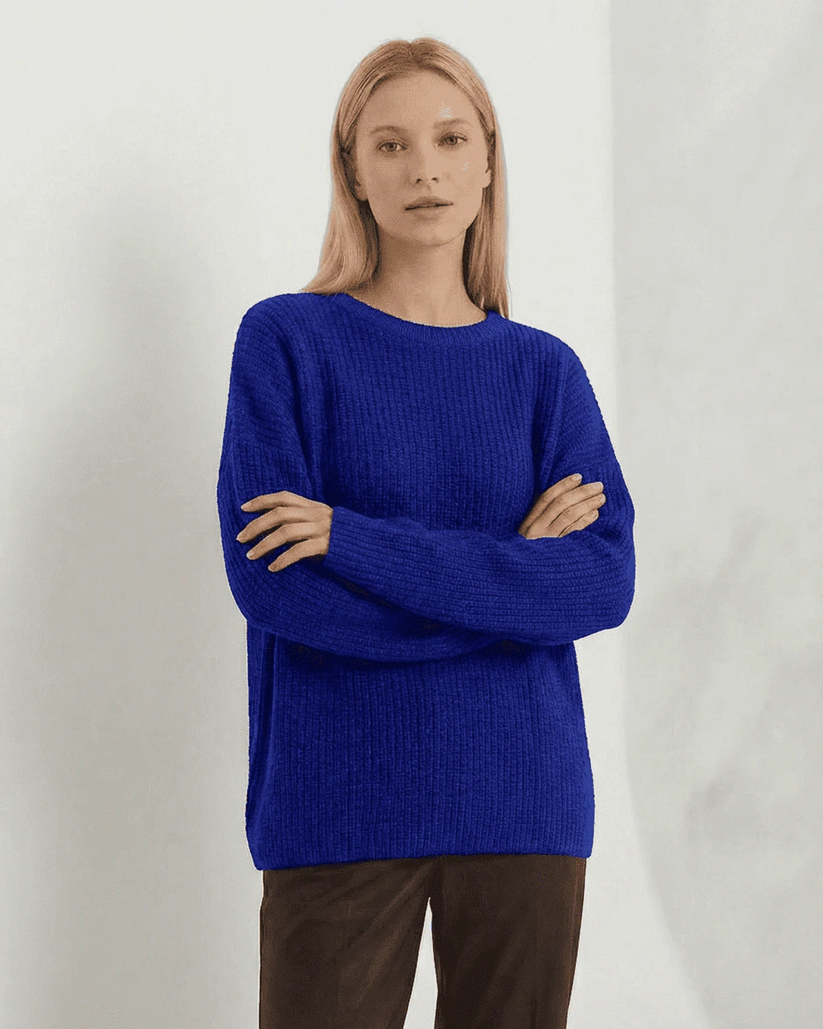 Indira Sweater – Blue Ribbed sweater, side view by Slimona