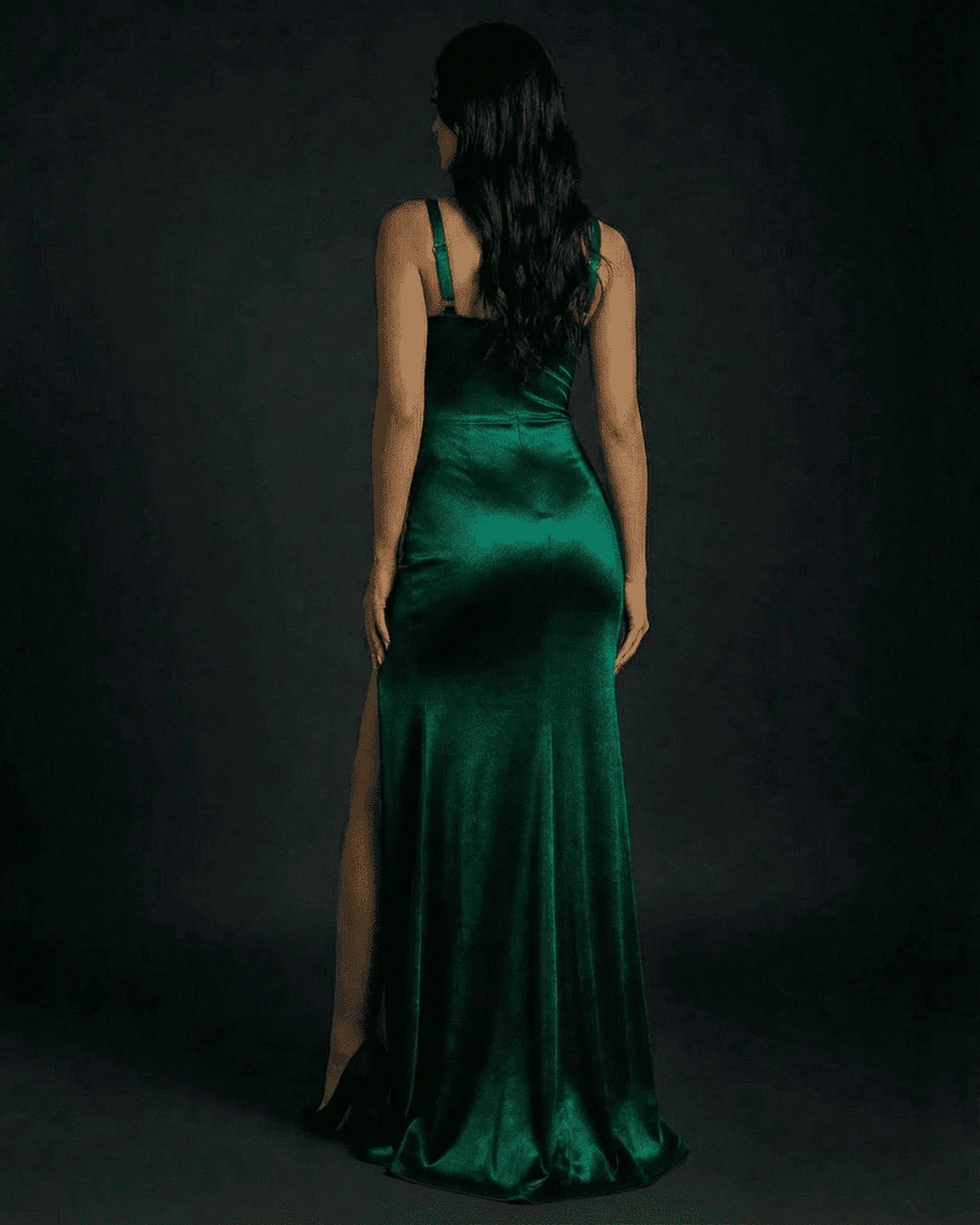 Celestine Maxi Dress – Emerald Satin Square Neck maxi dress, side view by Slimona