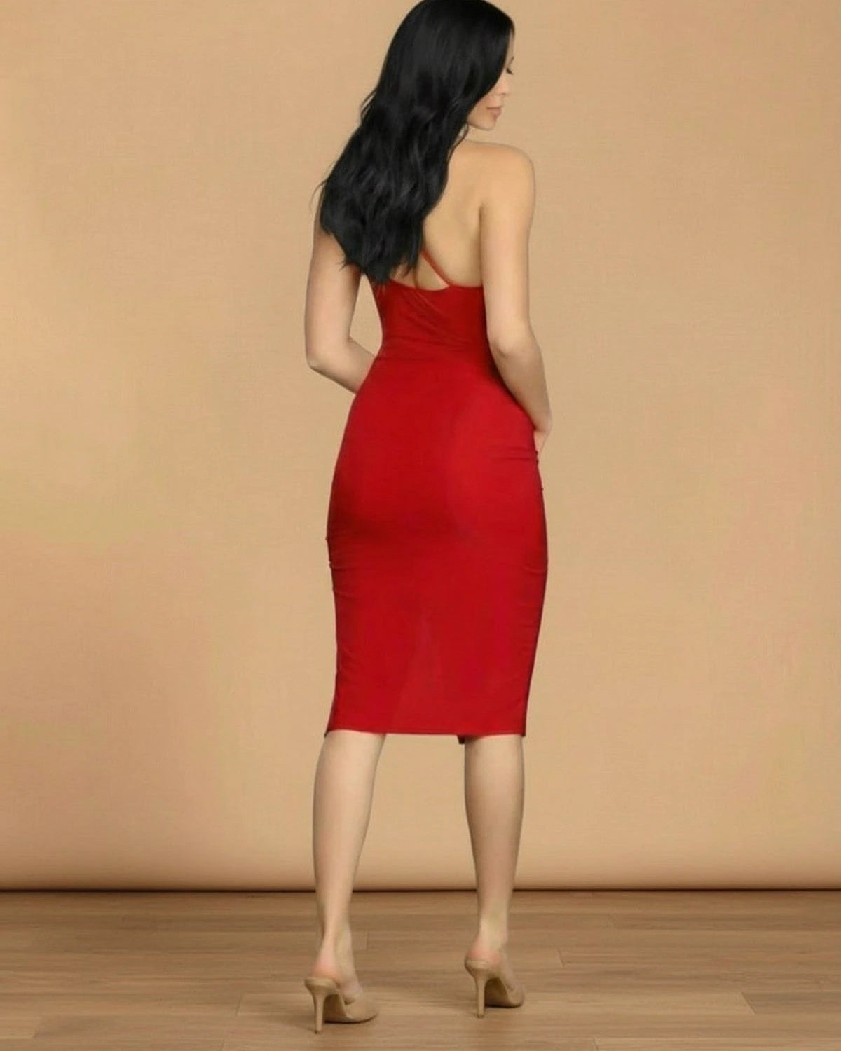 Valencia Midi Dress – Tan Knit midi dress, side view by Slimona