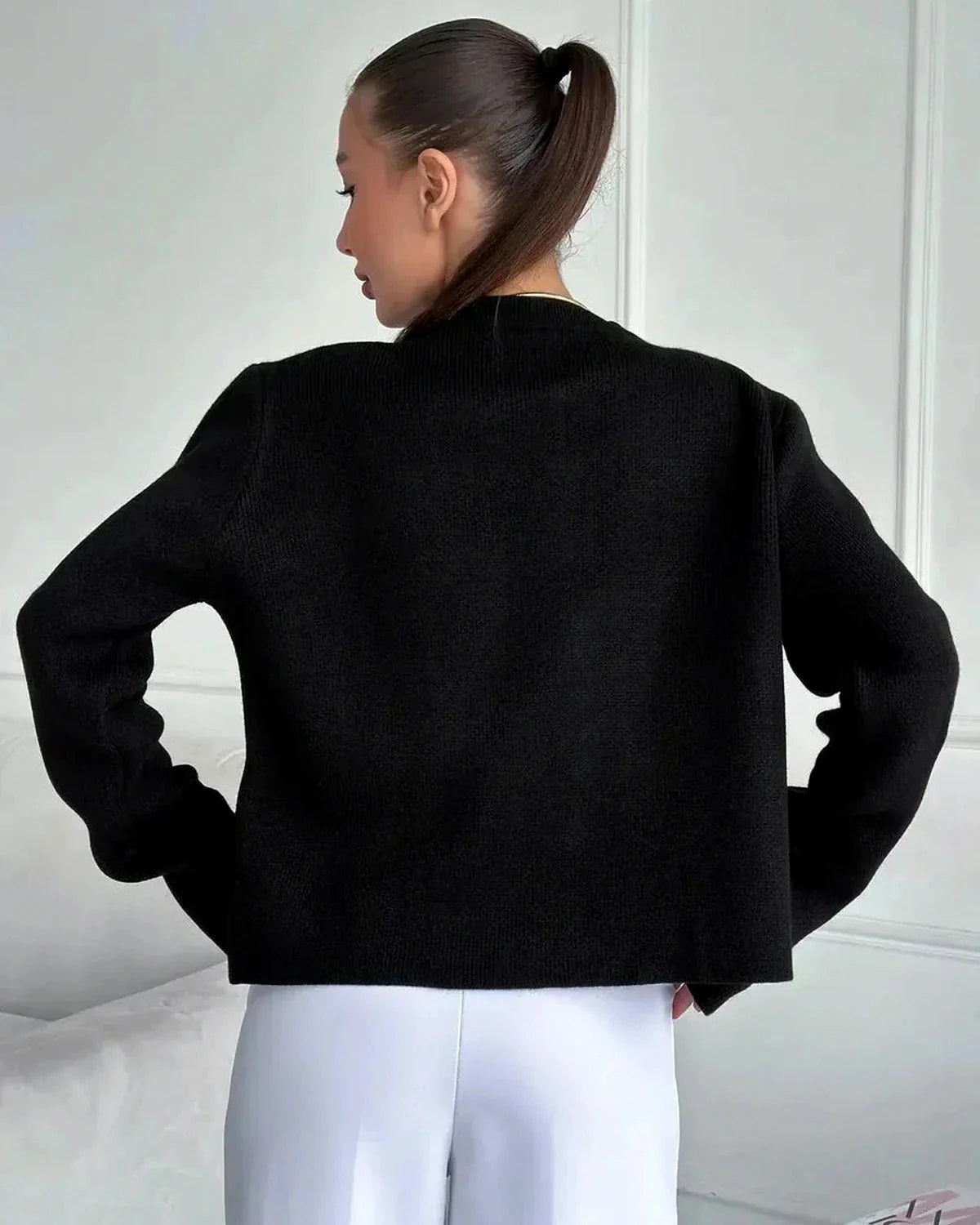 Noir Cardigan – Black Knit cardigan, side view by Slimona
