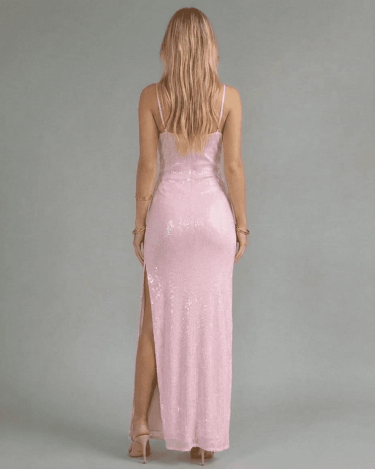 Positano Maxi Dress – Pink Sequin V Neck maxi dress, side view by Slimona