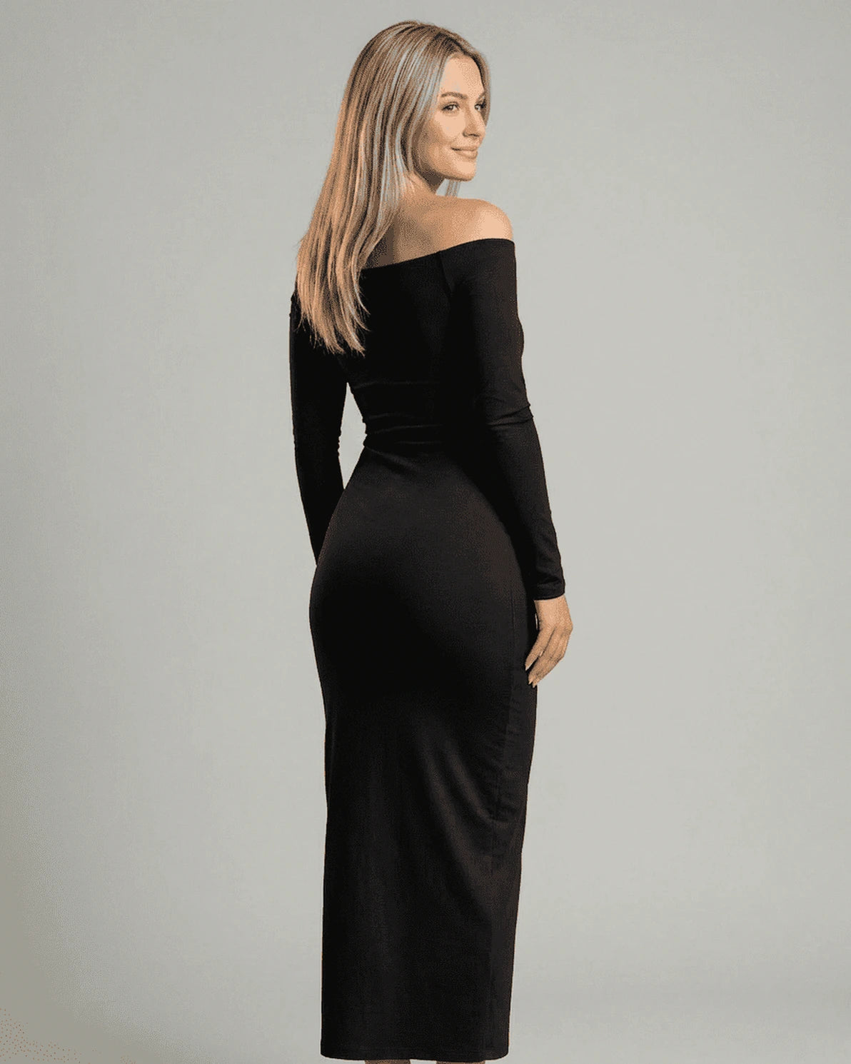 Nocturne Maxi Dress – Black Off Shoulder maxi dress, side view by Slimona
