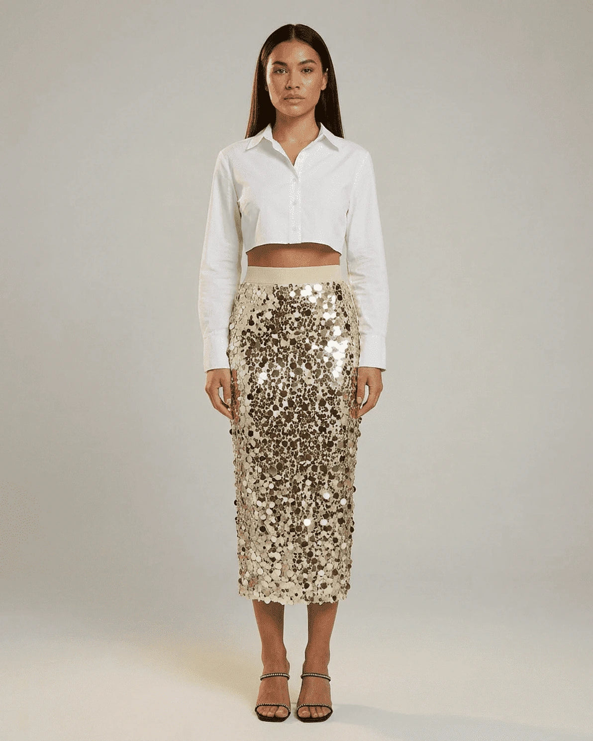 Aureline Midi Skirt – Red Sequin midi skirt, side view by Slimona