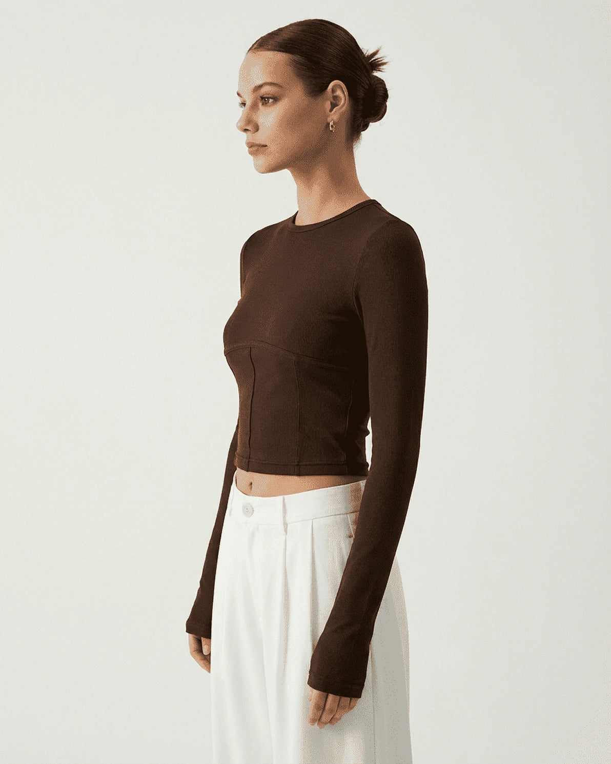 Cocoa Top – Brown Jersey Crew Neck top, side view by Slimona