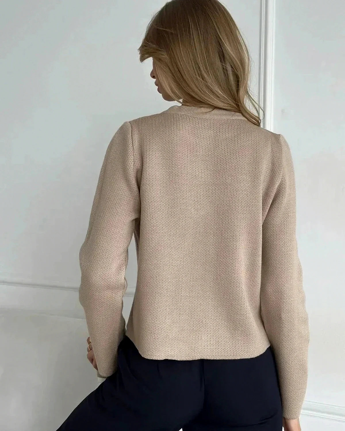 Sable Cardigan – Beige Knit cardigan, side view by Slimona
