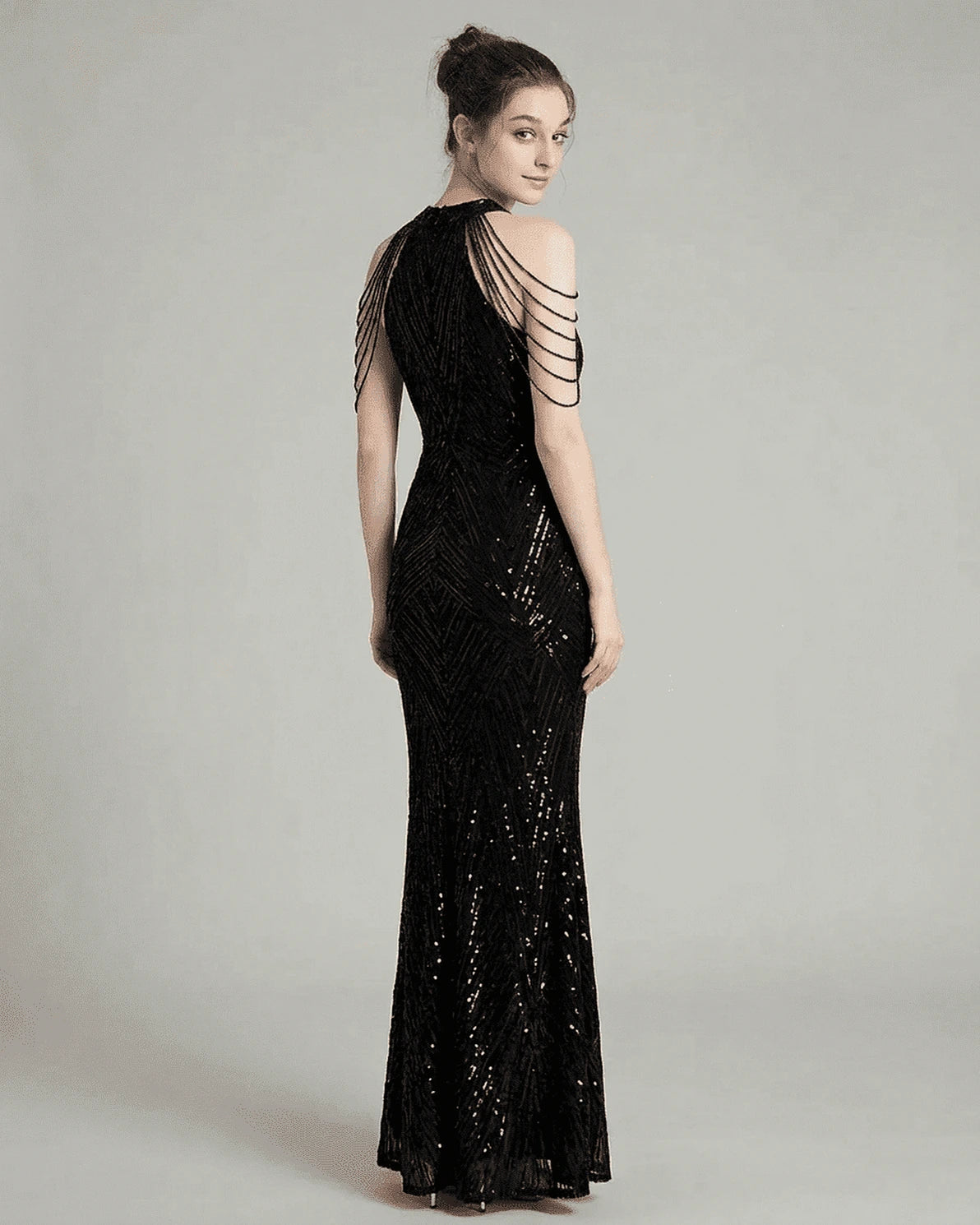 Vega Maxi Dress – Tan Sequin Halter maxi dress, side view by Slimona