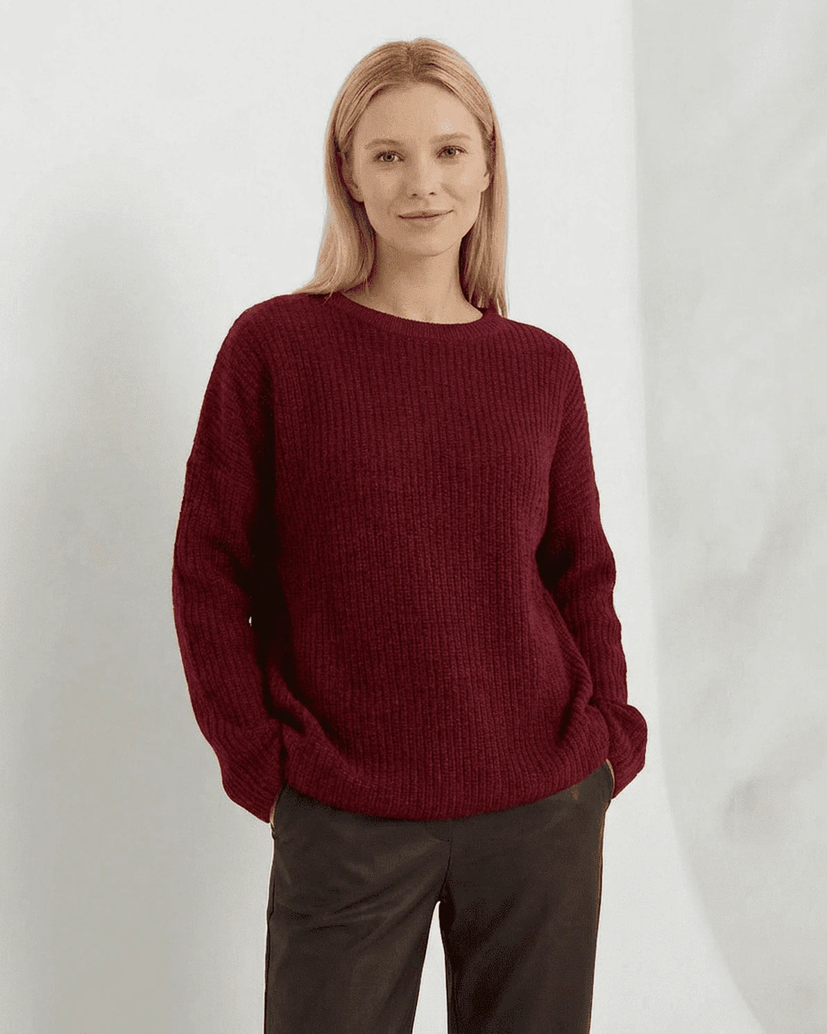 Marlo Sweater – Burgundy Cotton sweater, side view by Slimona