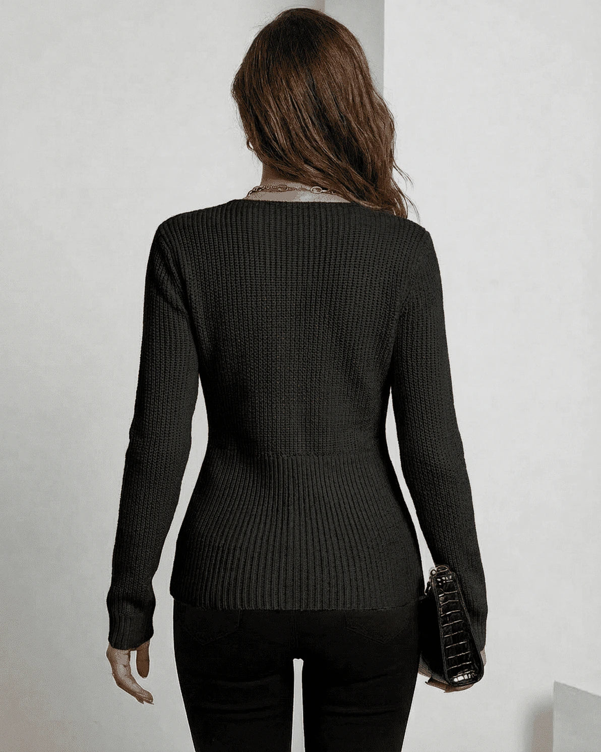 Alina Pullover – Black Ribbed pullover, side view by Slimona