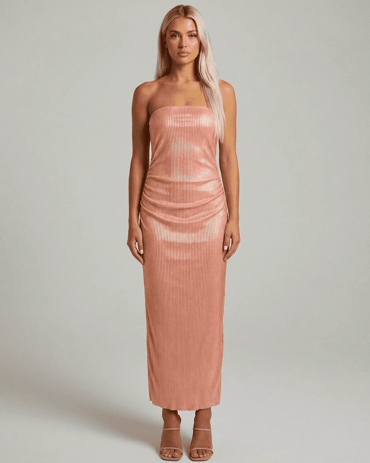 Champagne Maxi Dress – Champagne Cotton Strapless maxi dress, side view by Slimona
