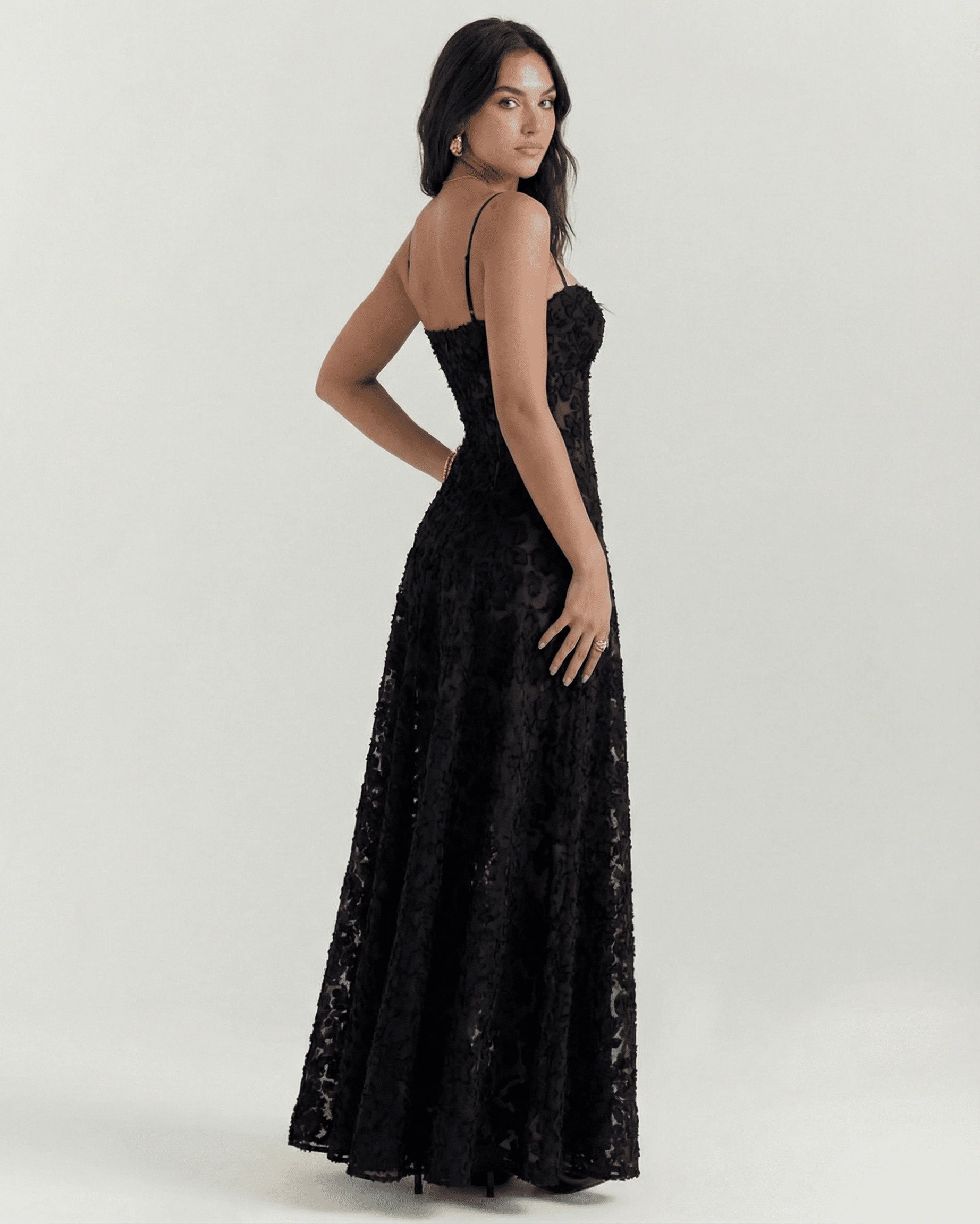 Nerina Maxi Dress – Black Lace V Neck maxi dress, side view by Slimona