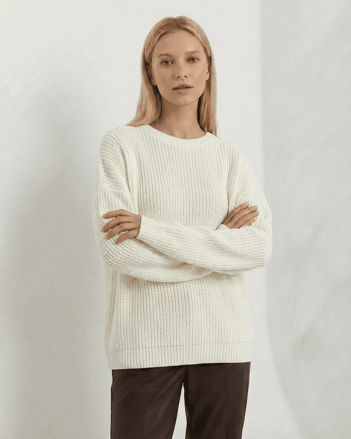 Seren Sweater – Ivory Ribbed sweater, side view by Slimona