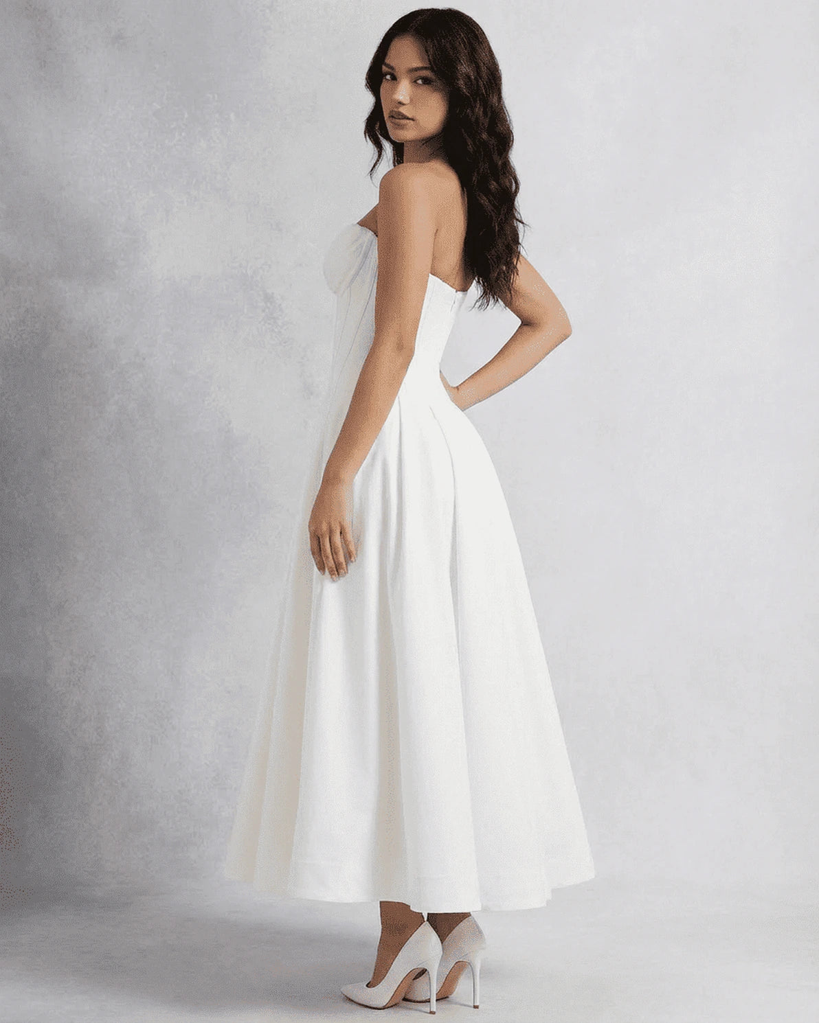 Venice Midi Dress – White Strapless midi dress, side view by Slimona