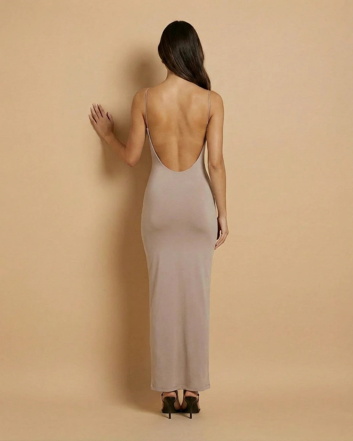 Sahara Maxi Dress – Sand Beige Round Neck maxi dress, side view by Slimona