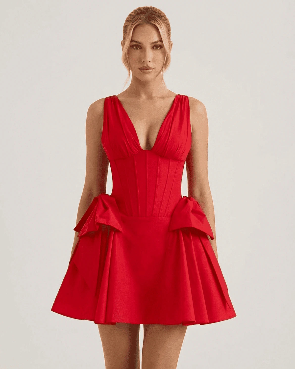 Dahlia Mini Dress – Red V Neck mini dress, side view by Slimona