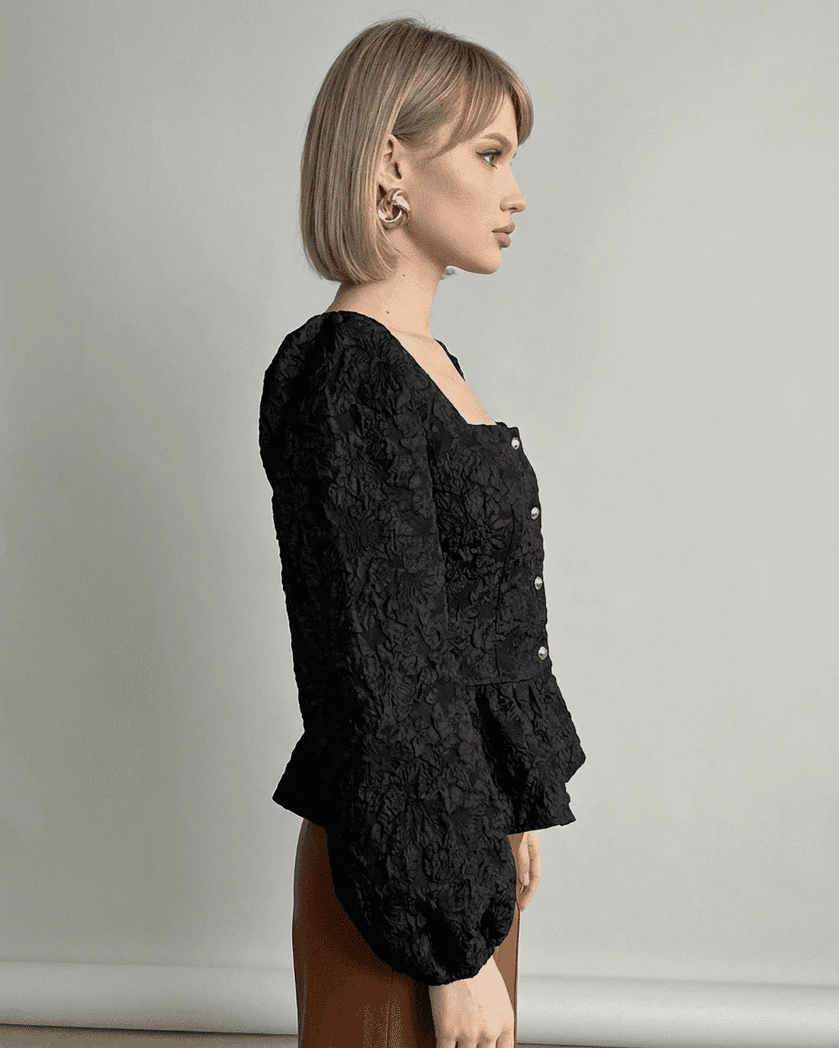 Noir Corset Top – Black Jacquard Square Neck blouse, side view by Slimona