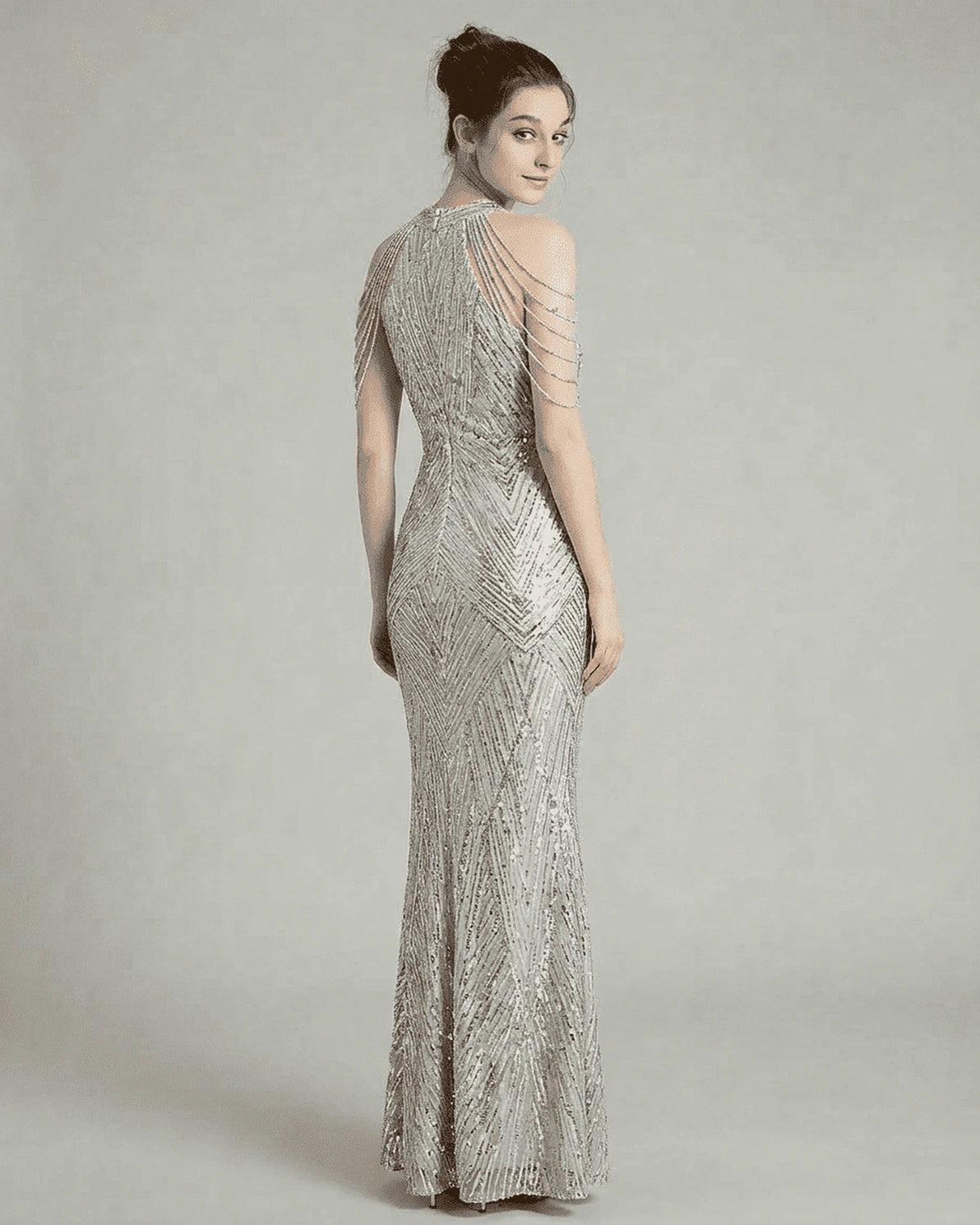 Luxe Maxi Dress – Silver Velvet Halter maxi dress, side view by Slimona