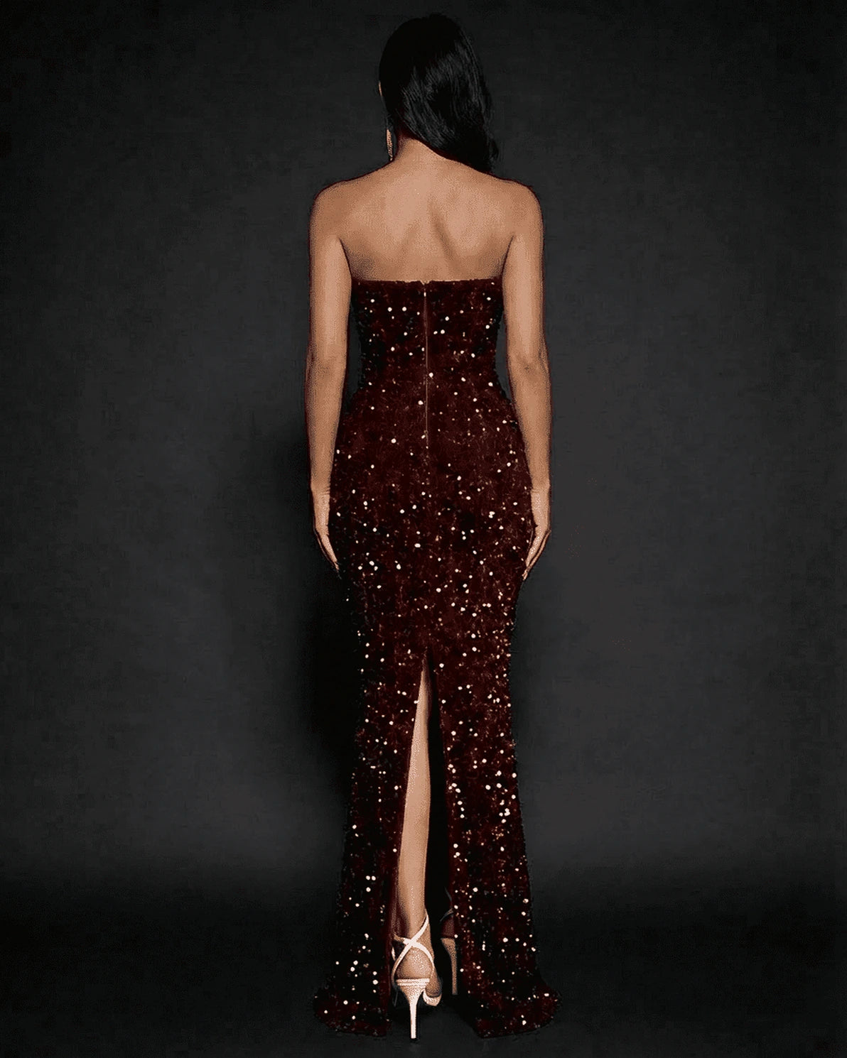 Marquise Maxi Dress – Champagne Sequin Strapless maxi dress, side view by Slimona