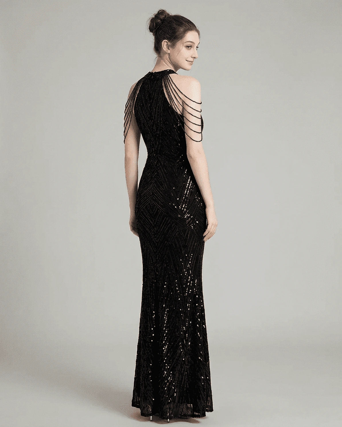 Vega Maxi Dress – Tan Sequin Halter maxi dress, back view by Slimona