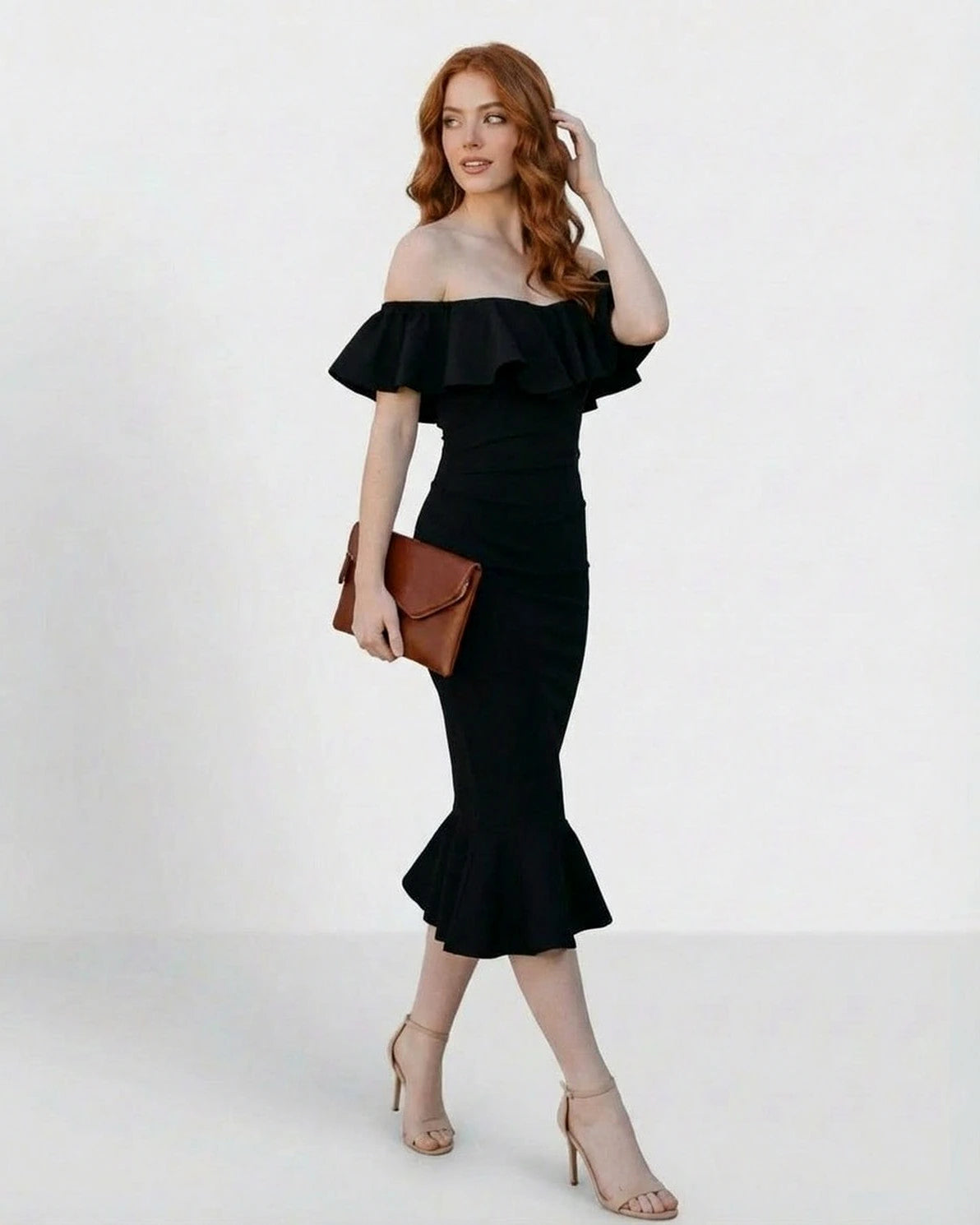 Noiréa Midi Dress – Black Off Shoulder midi dress, back view by Slimona