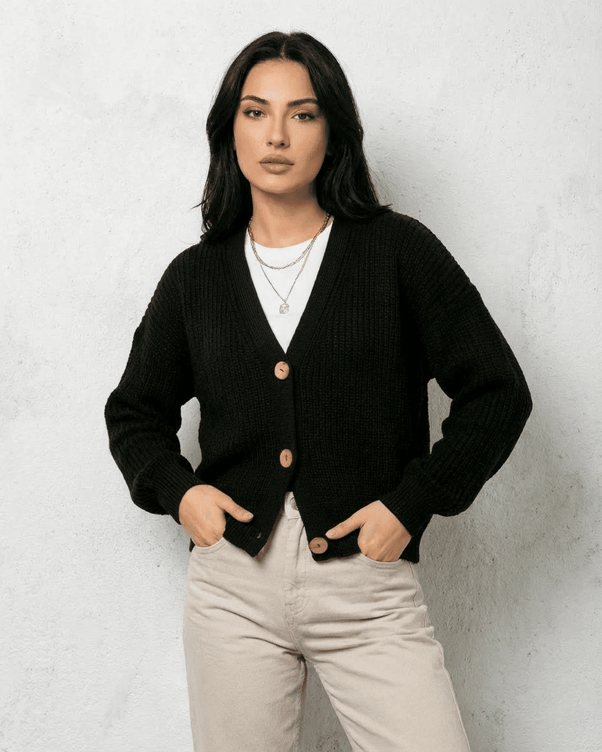 Begonia Cardigan – Black Knit cardigan, back view by Slimona