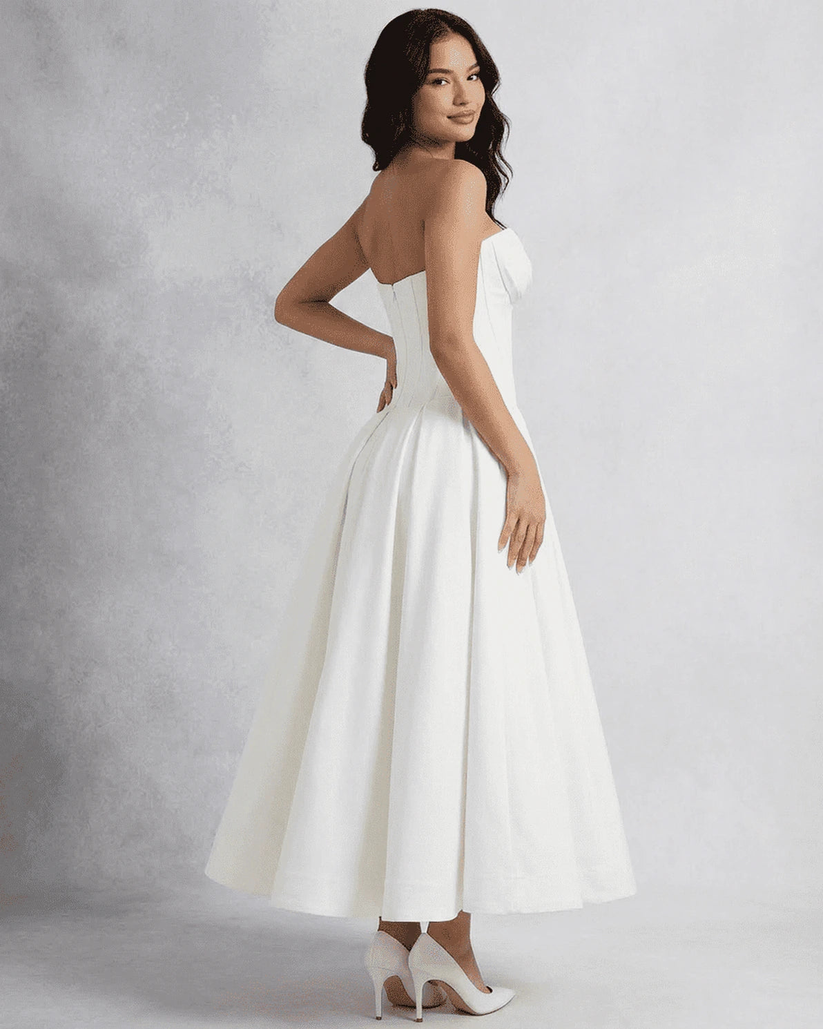 Venice Midi Dress – White Strapless midi dress, back view by Slimona