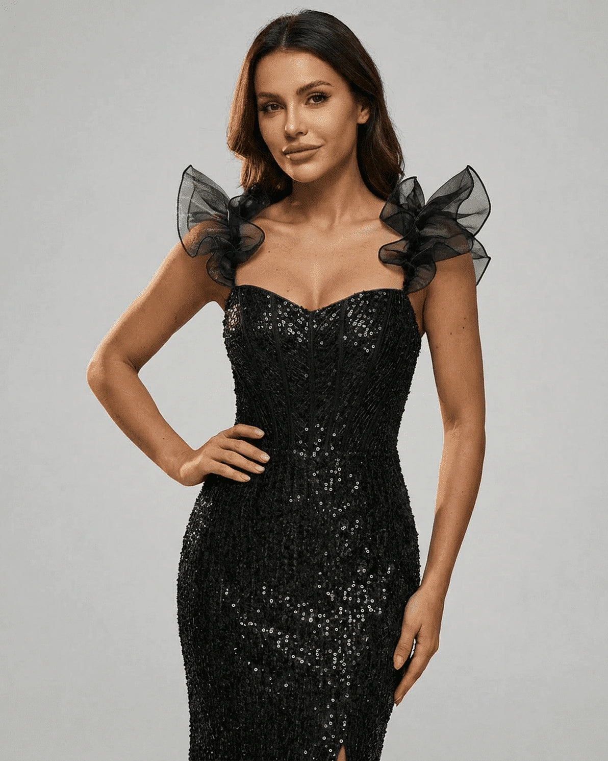 Obsidian Mini Dress – Black Sequin Round Neck mini dress, back view by Slimona