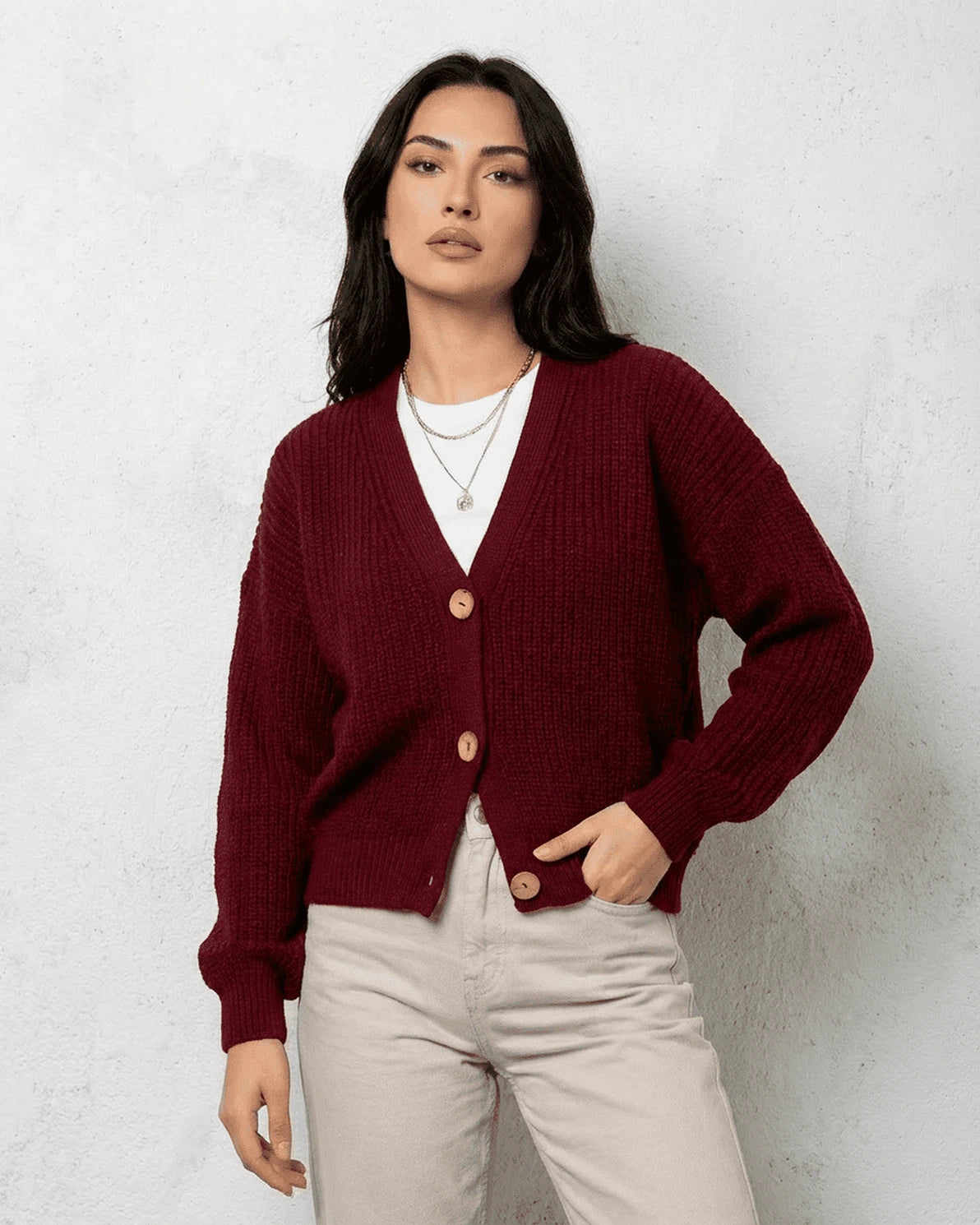 Vesper Cardigan – Burgundy Knit cardigan, back view by Slimona