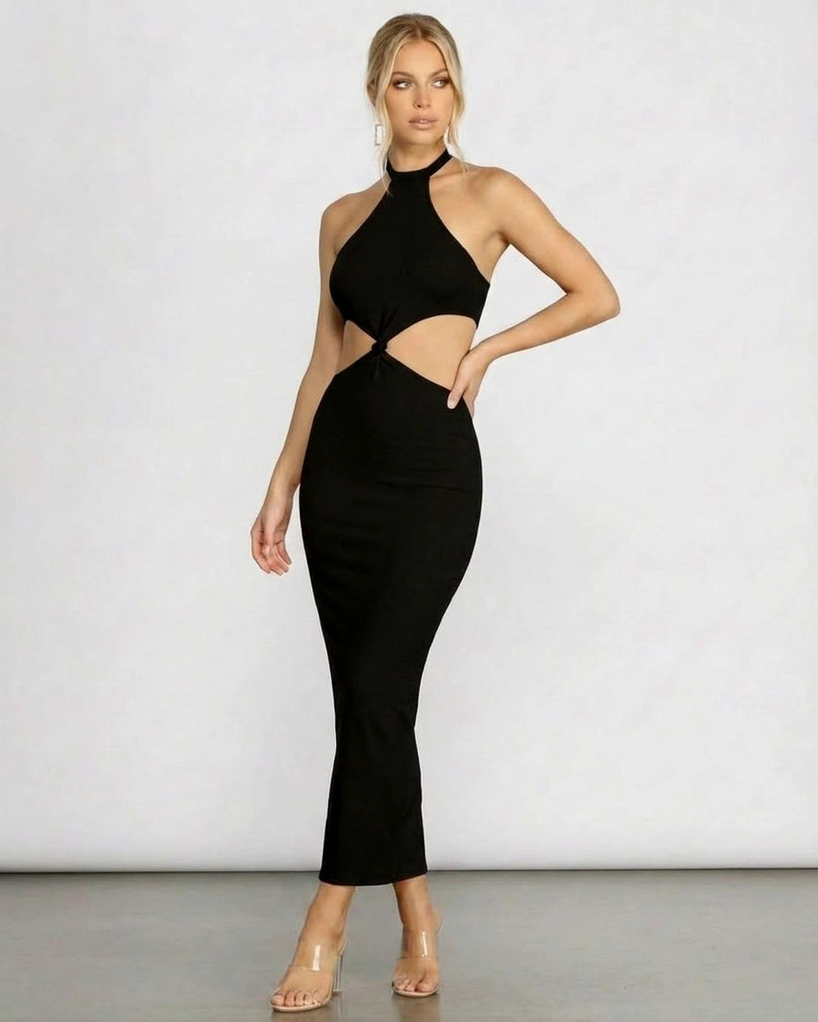 Seren Midi Dress – Black Ribbed Halter midi dress, back view by Slimona