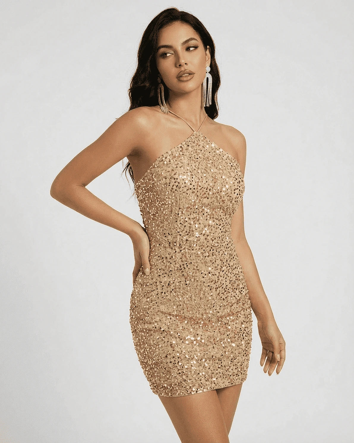 June Mini Dress – Red Sequin Round Neck mini dress, back view by Slimona
