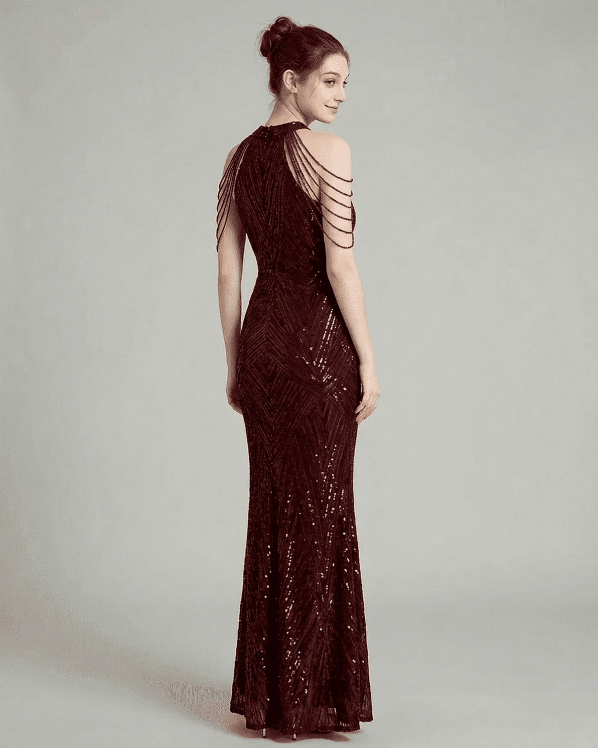 Ruby Maxi Dress – Red Velvet Halter maxi dress, back view by Slimona