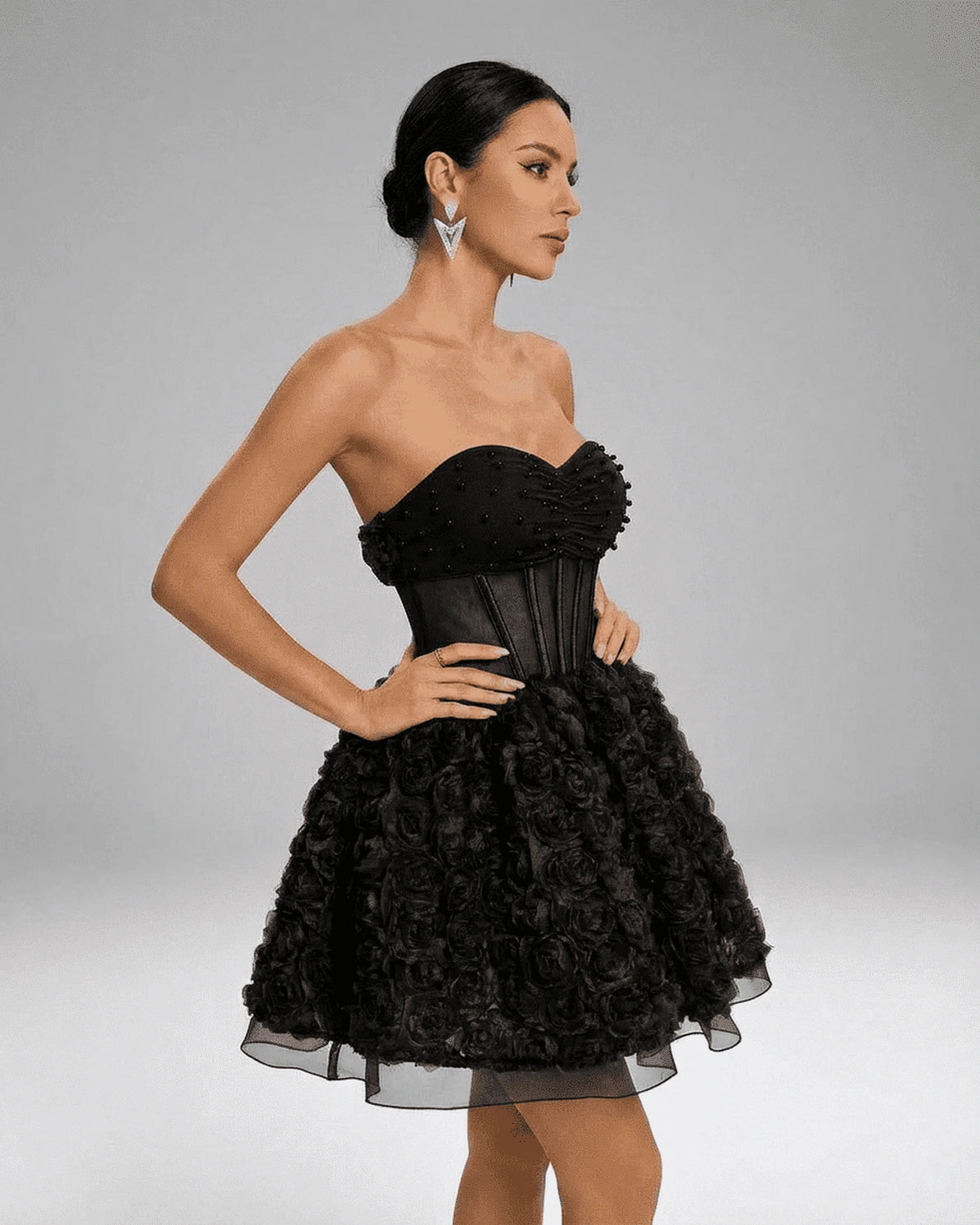 Simone Mini Dress – Black Mesh Strapless mini dress, back view by Slimona