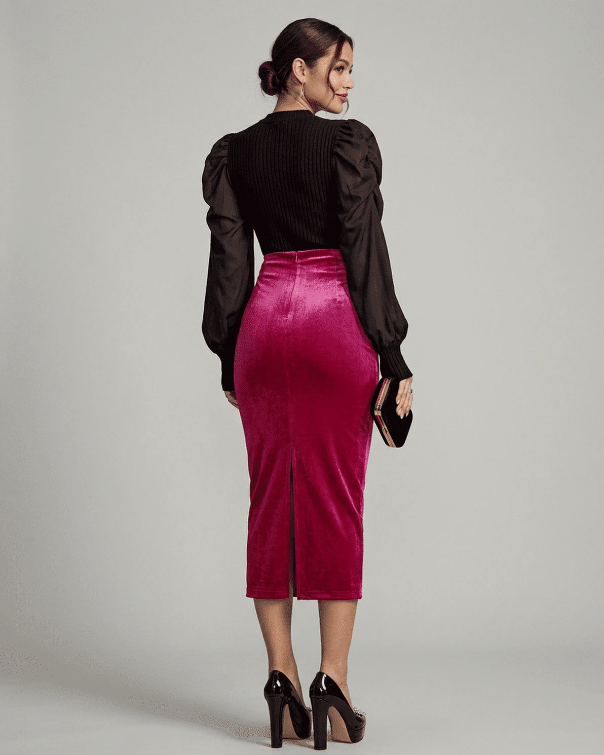 Primula Midi Skirt – Pale Yellow Velvet midi skirt, back view by Slimona