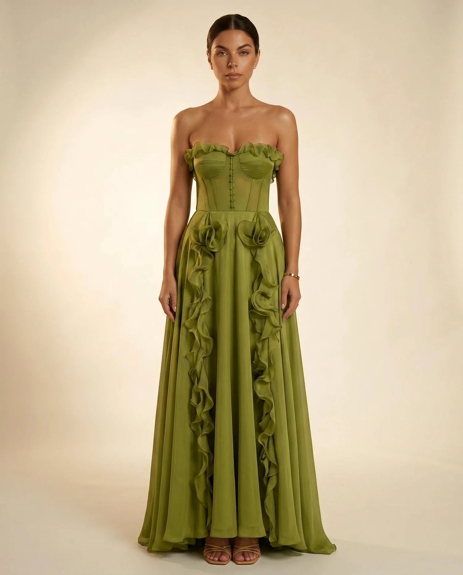 Verdessa Maxi Dress – Emerald Chiffon Strapless maxi dress, clean front view full body by Slimona