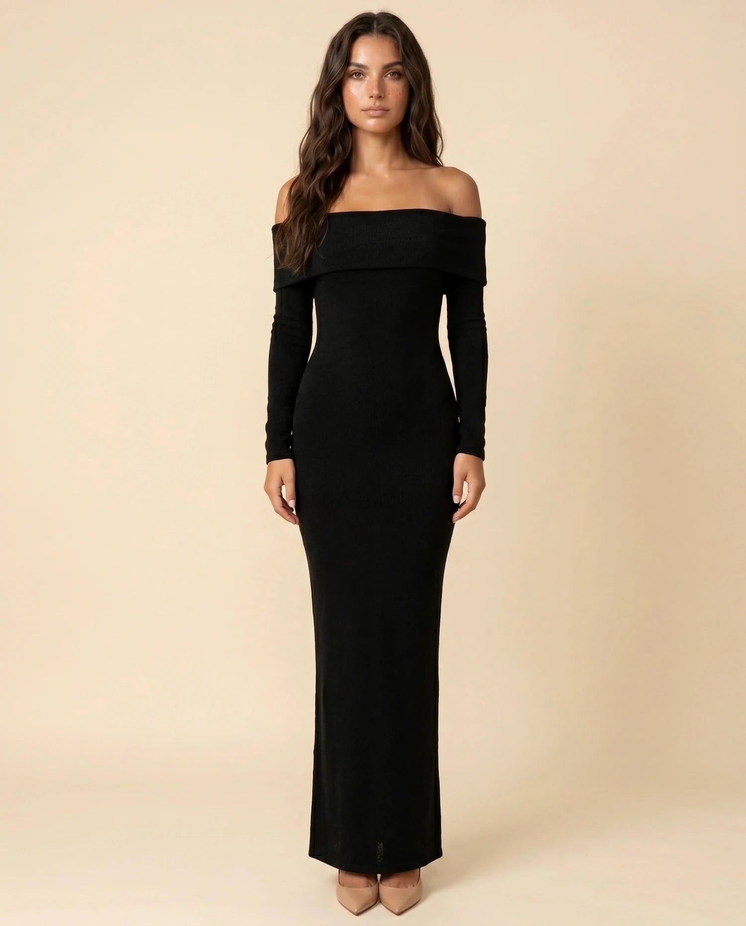 Noctura Maxi Dress – Black Off Shoulder maxi dress, clean front view full body by Slimona