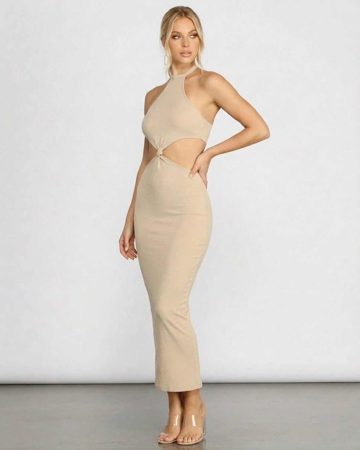Nina Midi Dress – Tan Halter midi dress, back view by Slimona