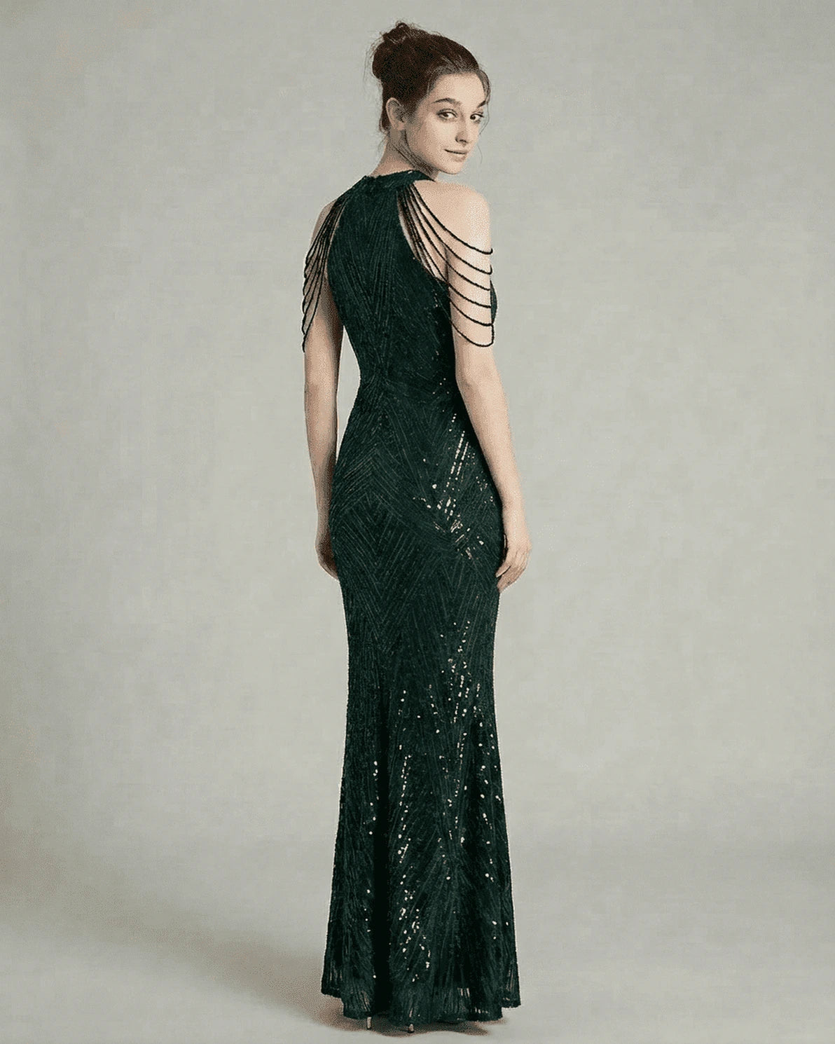 Emerald Maxi Dress – Emerald Velvet Halter maxi dress, back view by Slimona