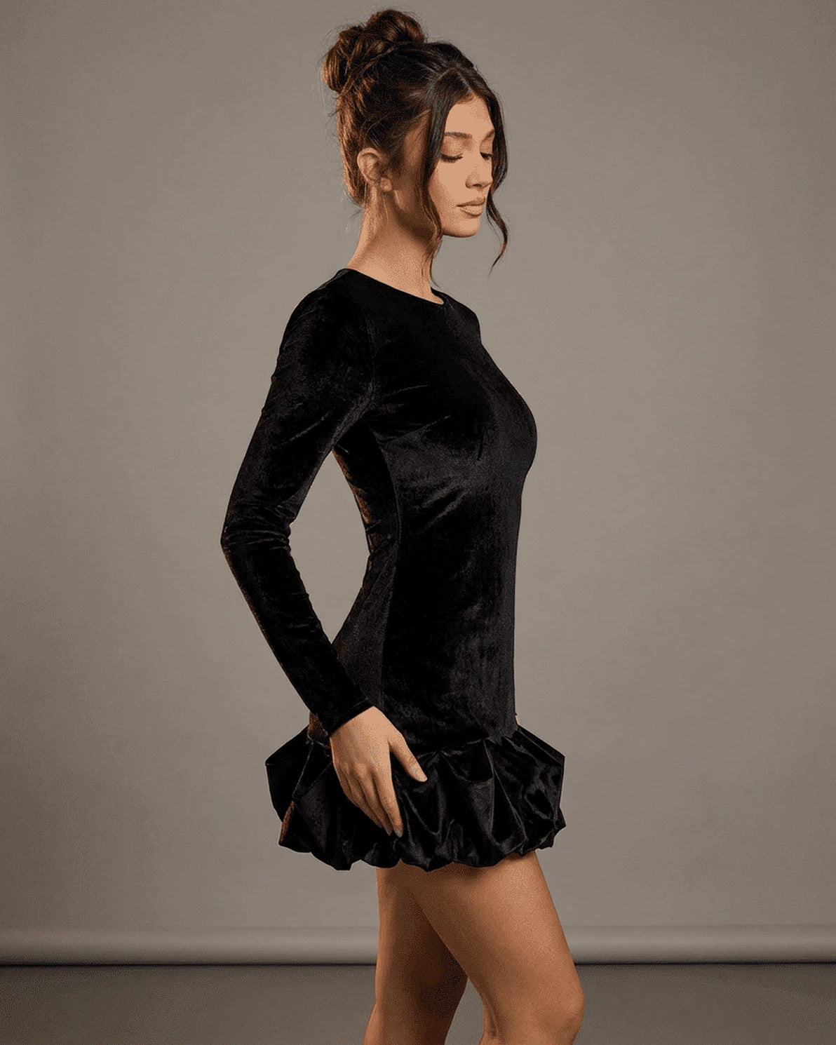 Velora Mini – Black Velvet Crew Neck mini dress, back view by Slimona