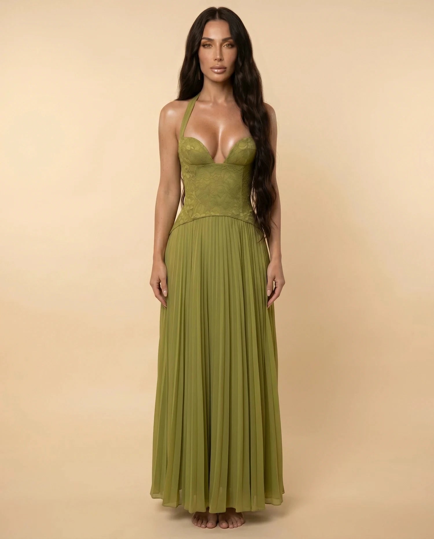 Verdant Maxi Dress – Olive Chiffon Halter maxi dress, clean front view full body by Slimona