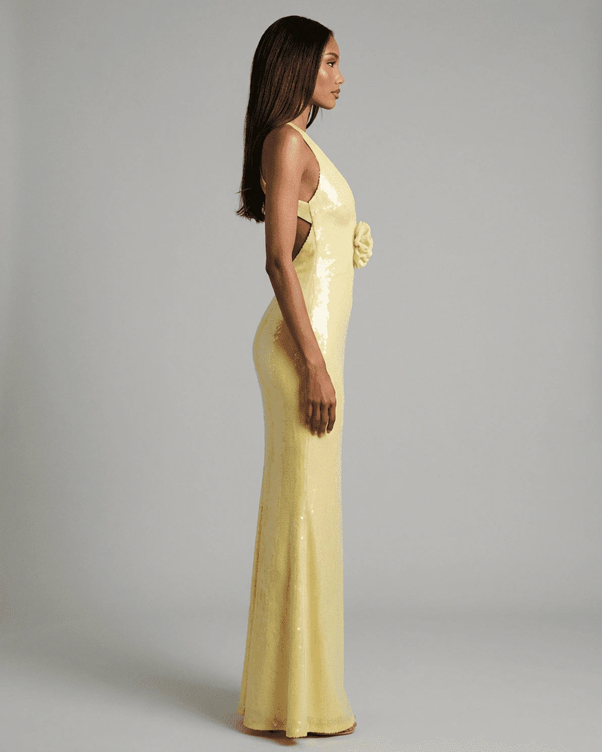 Solara Maxi Dress – Yellow Sequin V Neck maxi dress, back view by Slimona