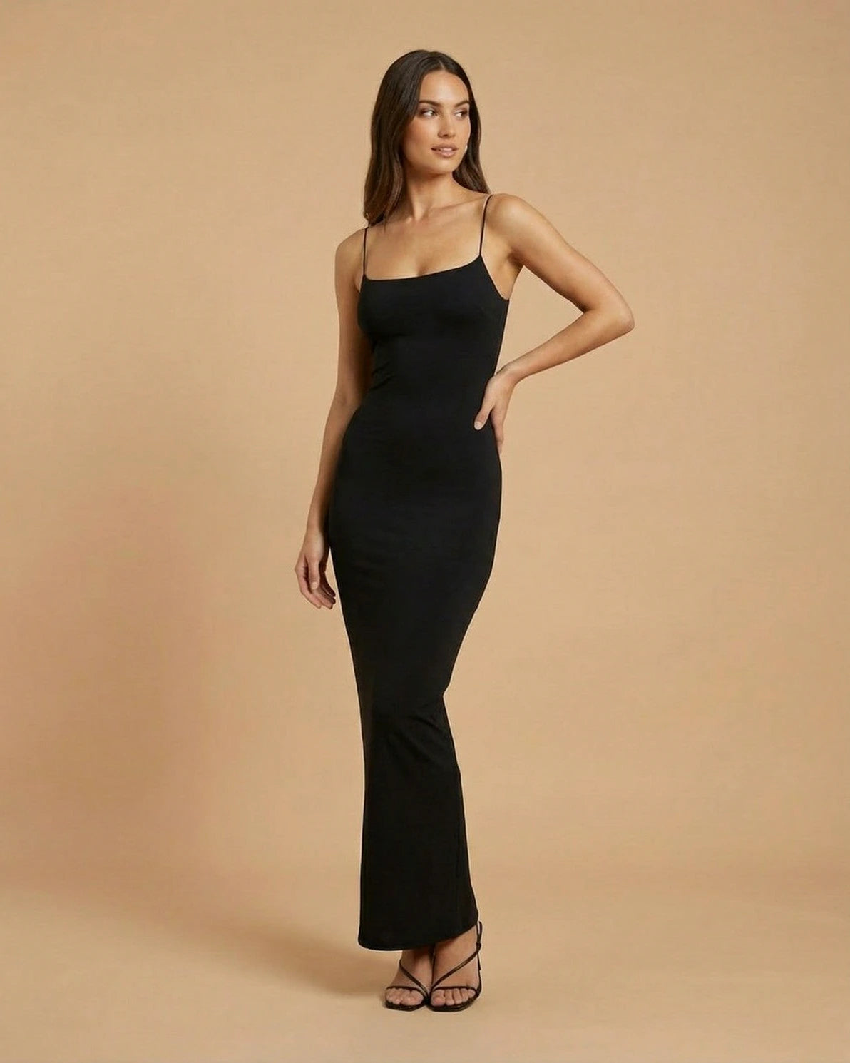 Calypso Maxi Dress – Black Round Neck maxi dress, back view by Slimona
