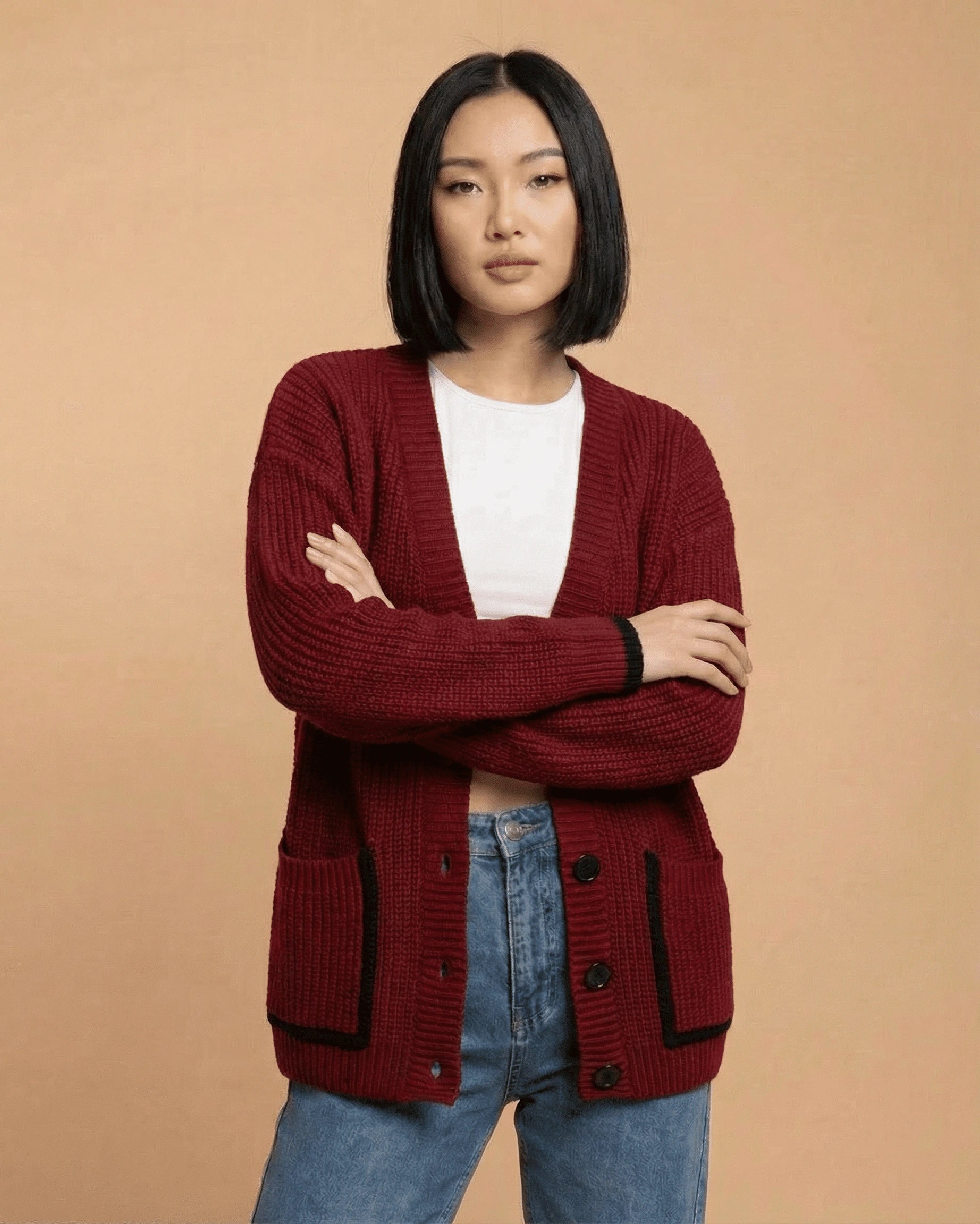 Merano Cardigan – Red Cotton cardigan, detail view by Slimona