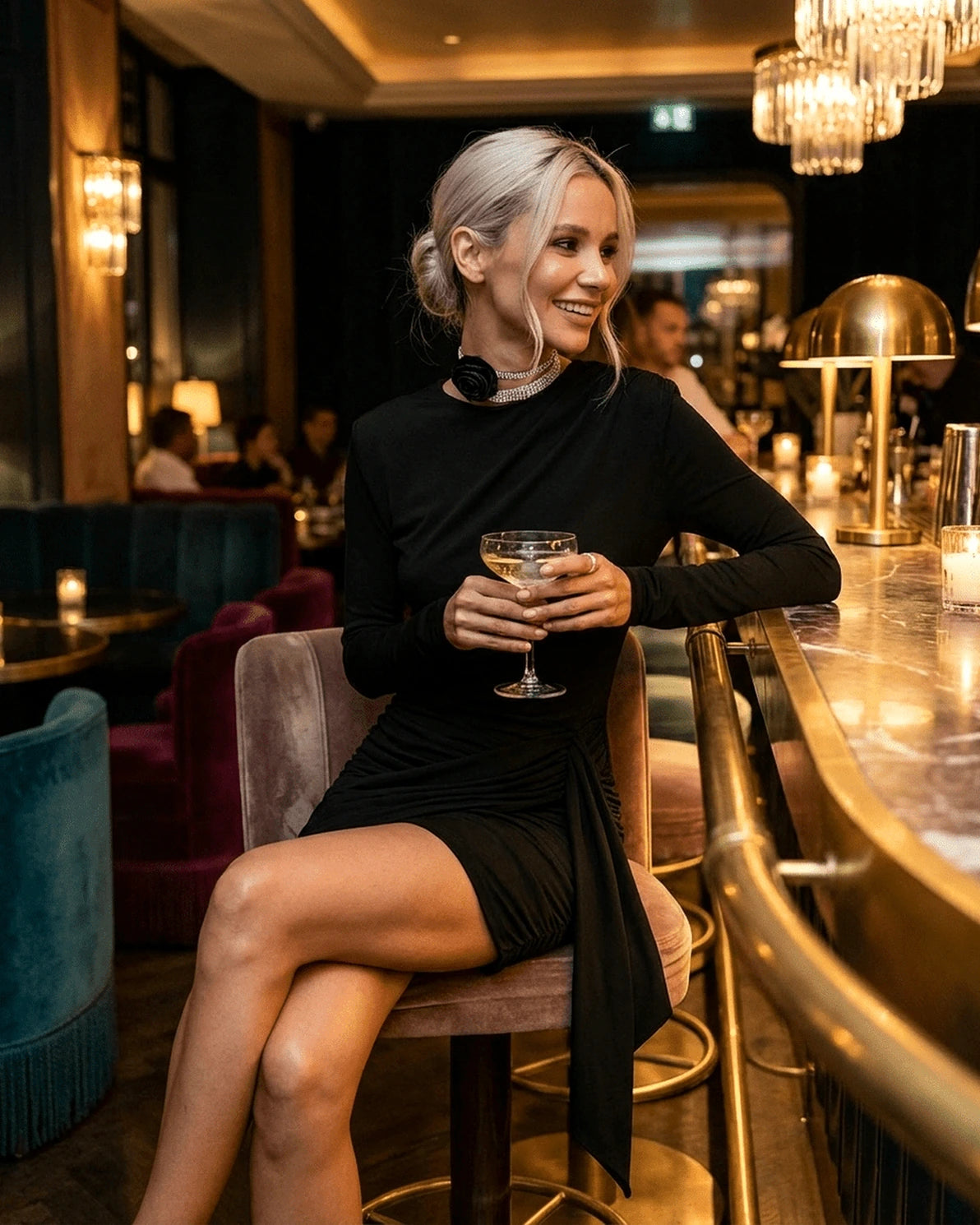 Onyx Mini Dress – Black Round Neck mini dress, detail view by Slimona