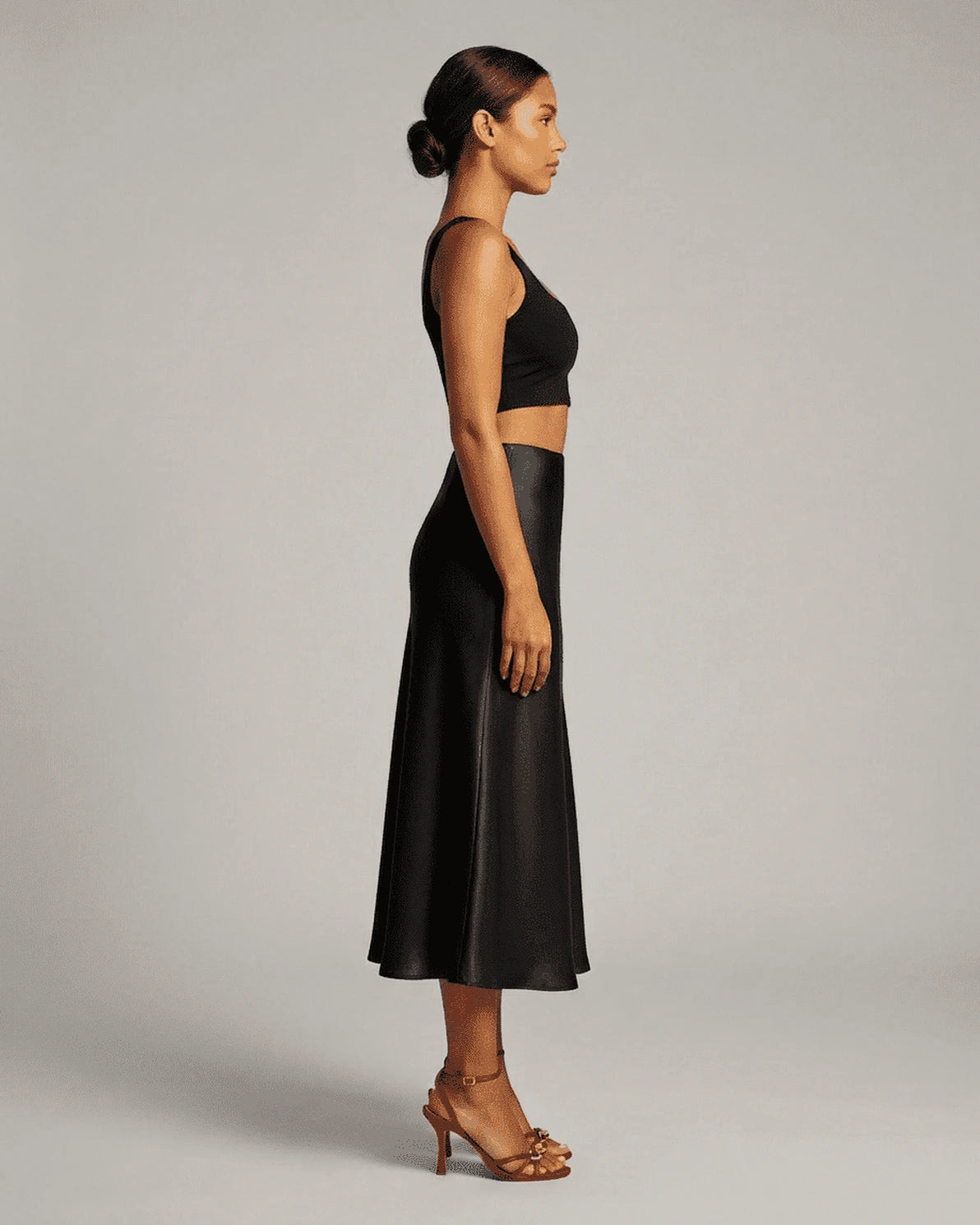 Noirelle Midi Skirt – Black Satin midi skirt, detail view by Slimona