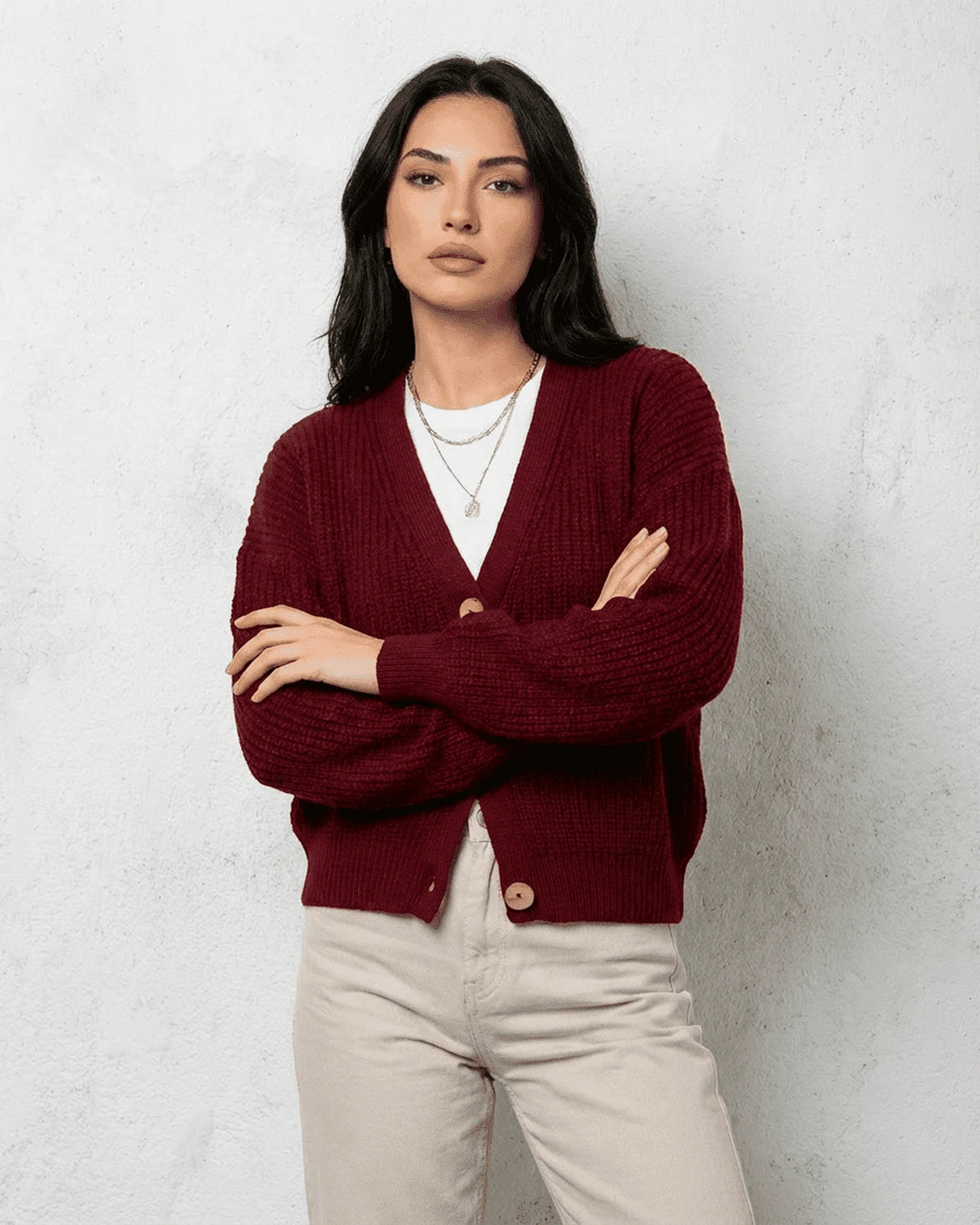 Vesper Cardigan – Burgundy Knit cardigan, detail view by Slimona