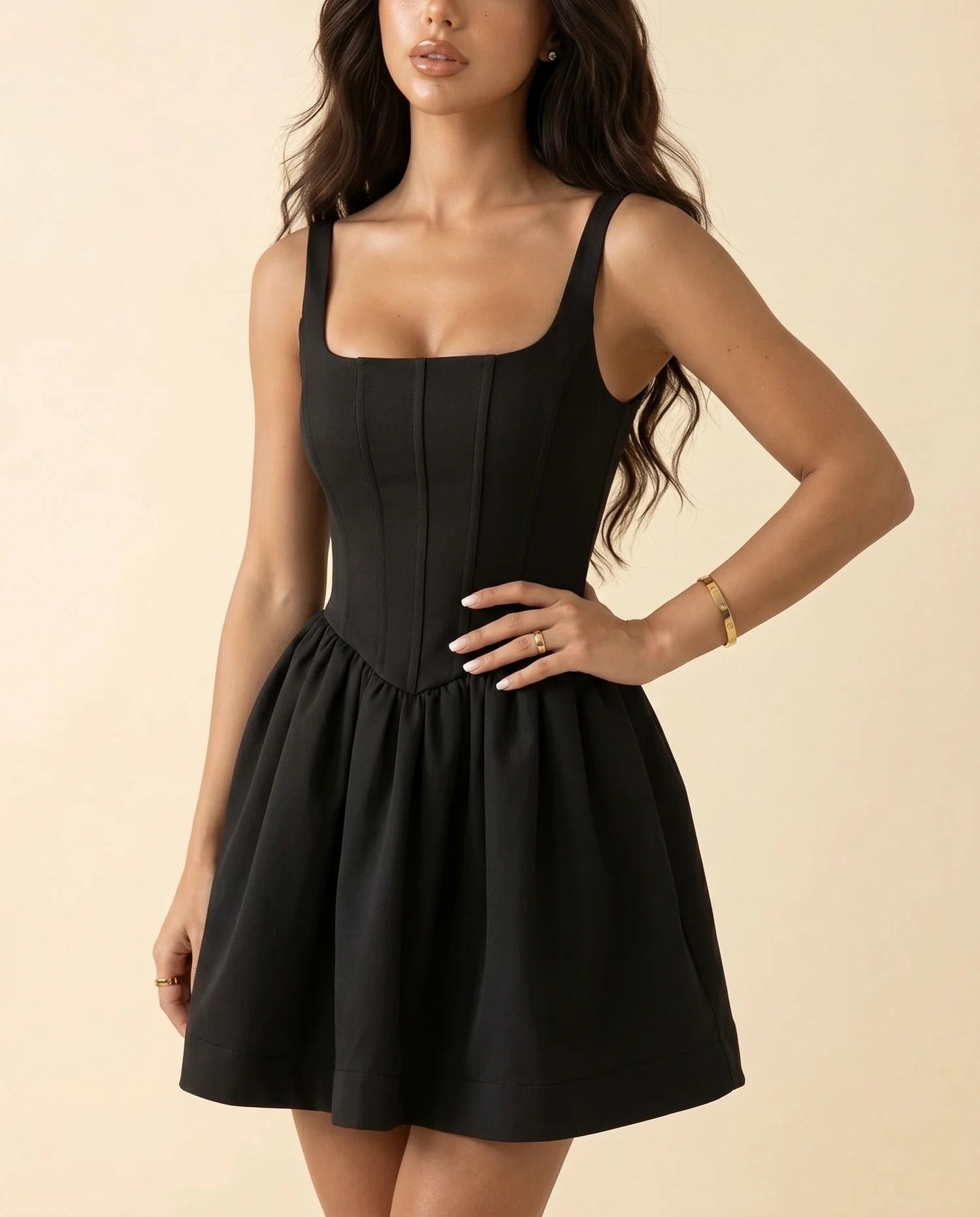 Nocturne Mini Dress – Black Satin Square Neck mini dress, bodice and waist detail by Slimona