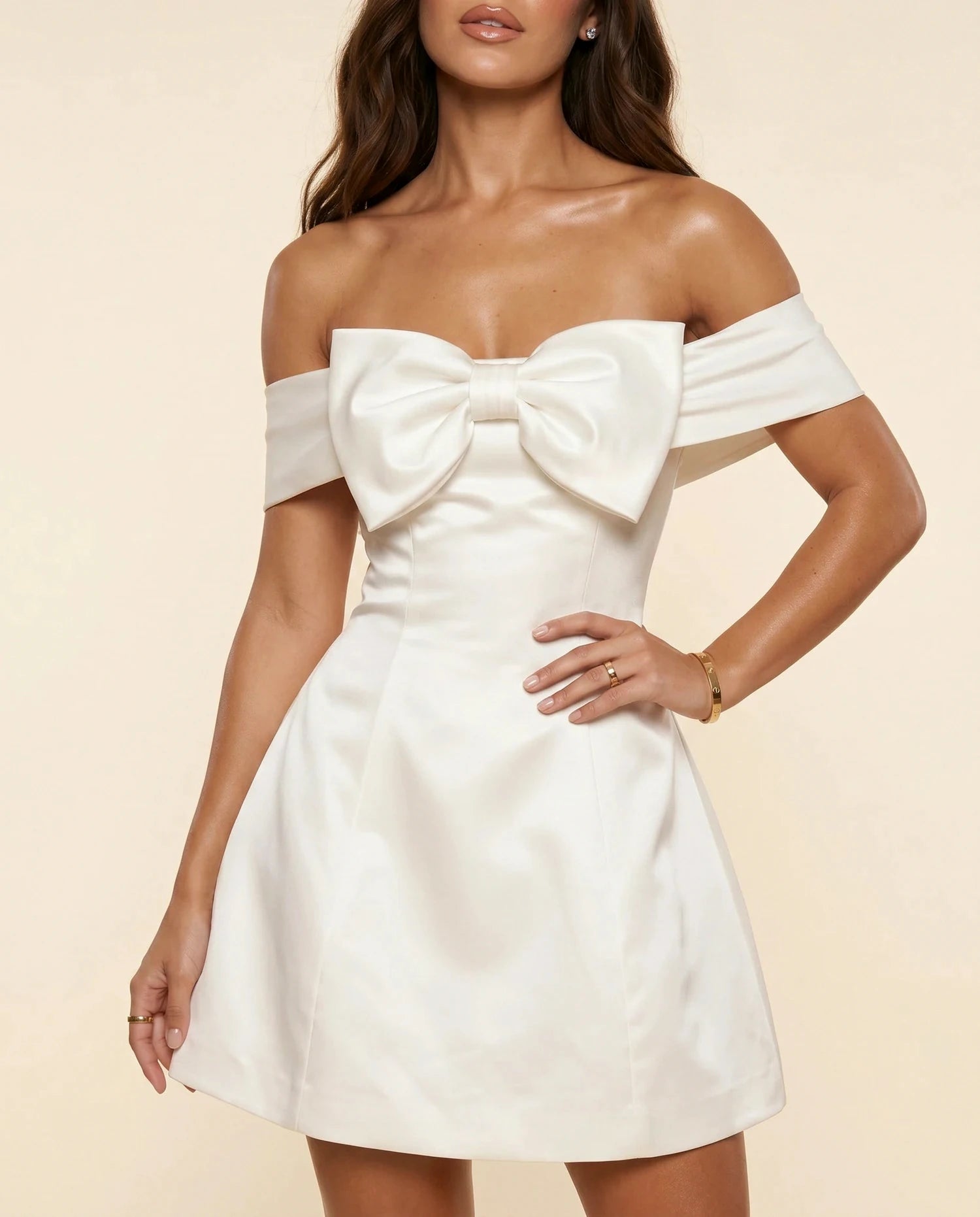 Alba Mini Dress – White Satin Off Shoulder mini dress, bodice and waist detail by Slimona