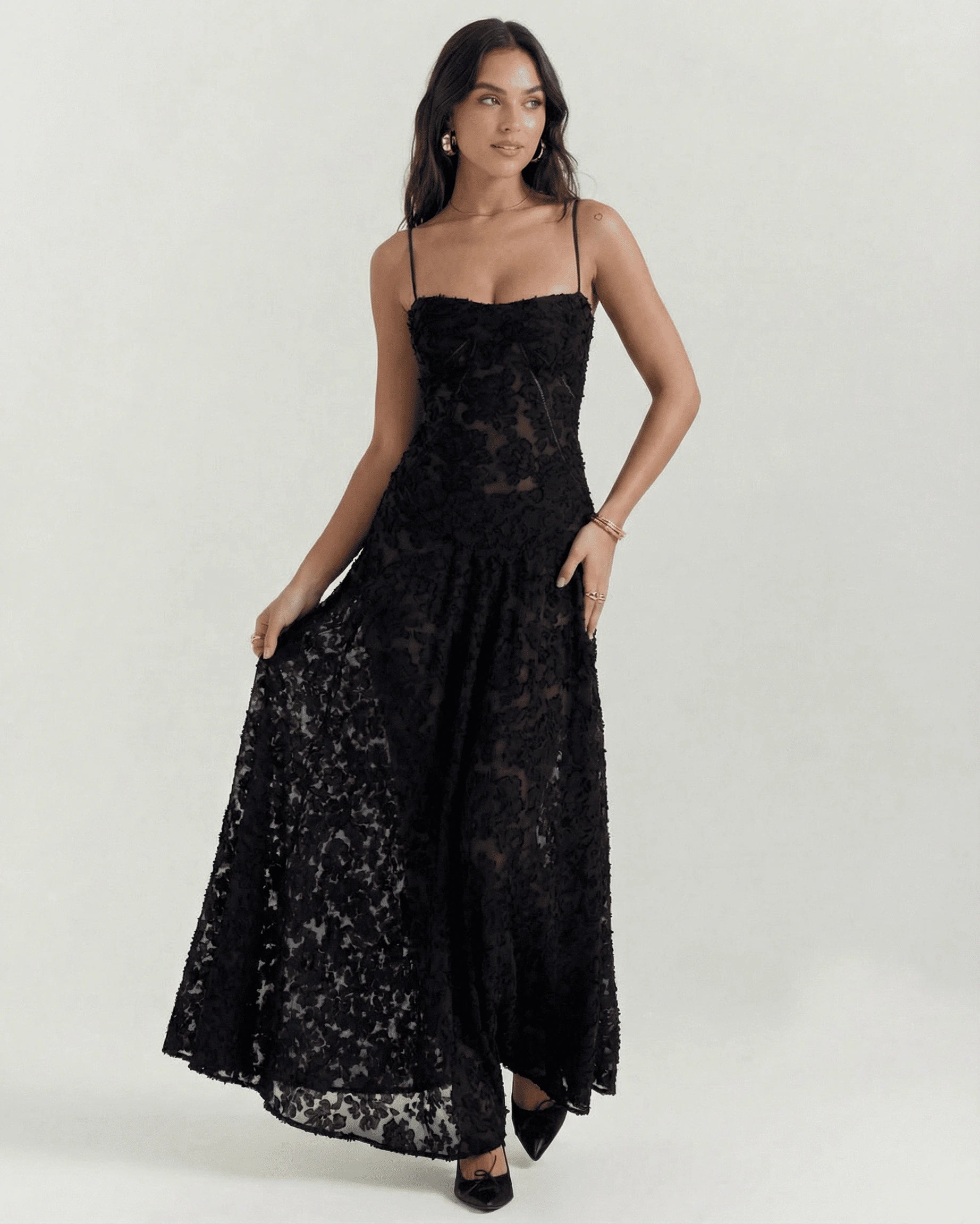 Nerina Maxi Dress – Black Lace V Neck maxi dress, detail view by Slimona