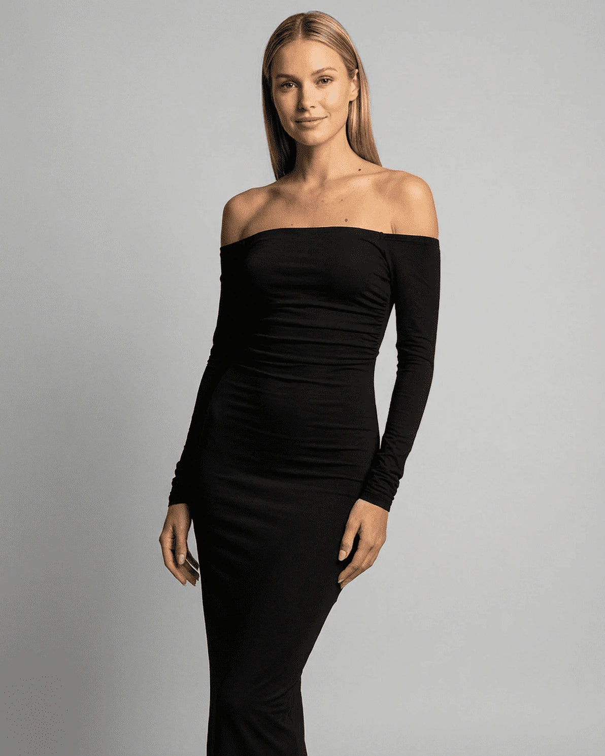 Nocturne Maxi Dress – Black Off Shoulder maxi dress, detail view by Slimona
