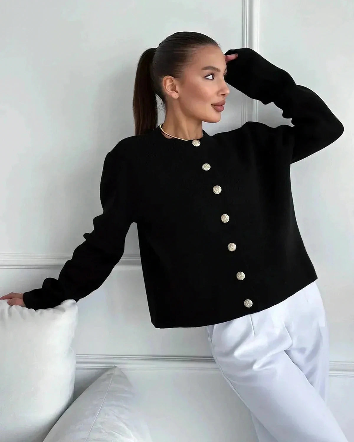 Noir Cardigan – Black Knit cardigan, detail view by Slimona