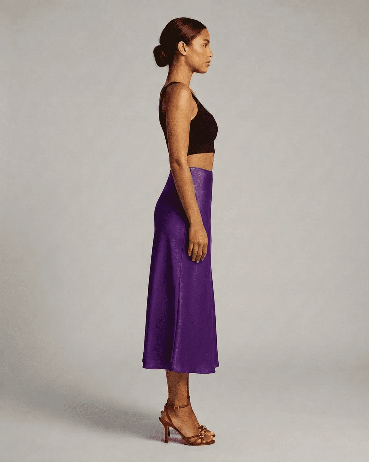 Amethyst Midi Skirt – Purple Satin midi skirt, detail view by Slimona